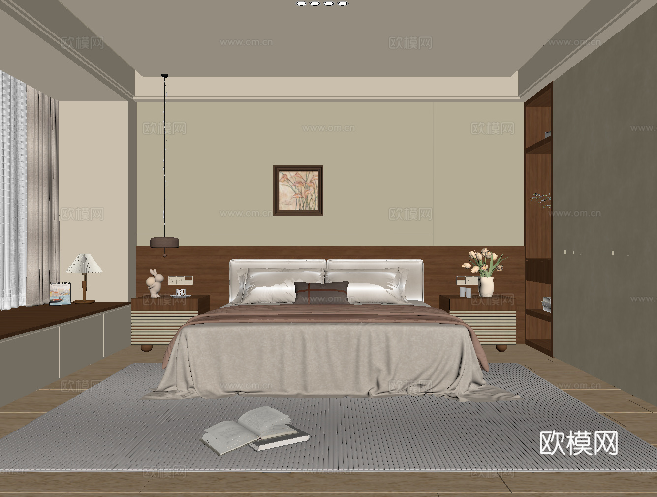 中古风卧室 双人床 衣柜 床头柜su模型