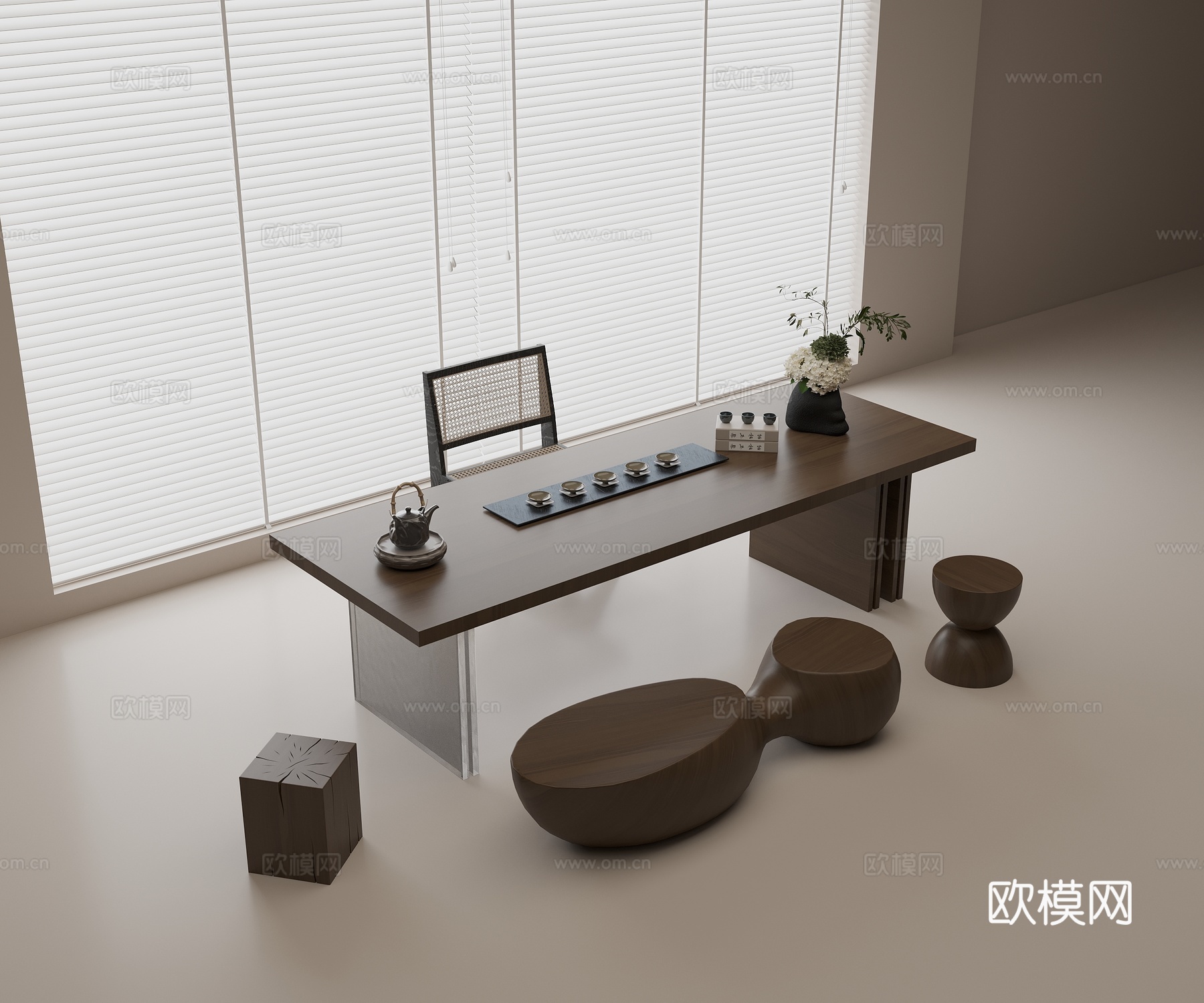 现代茶桌椅组合 实木茶桌 实木餐椅 不规则矮凳 茶具组合3d模型