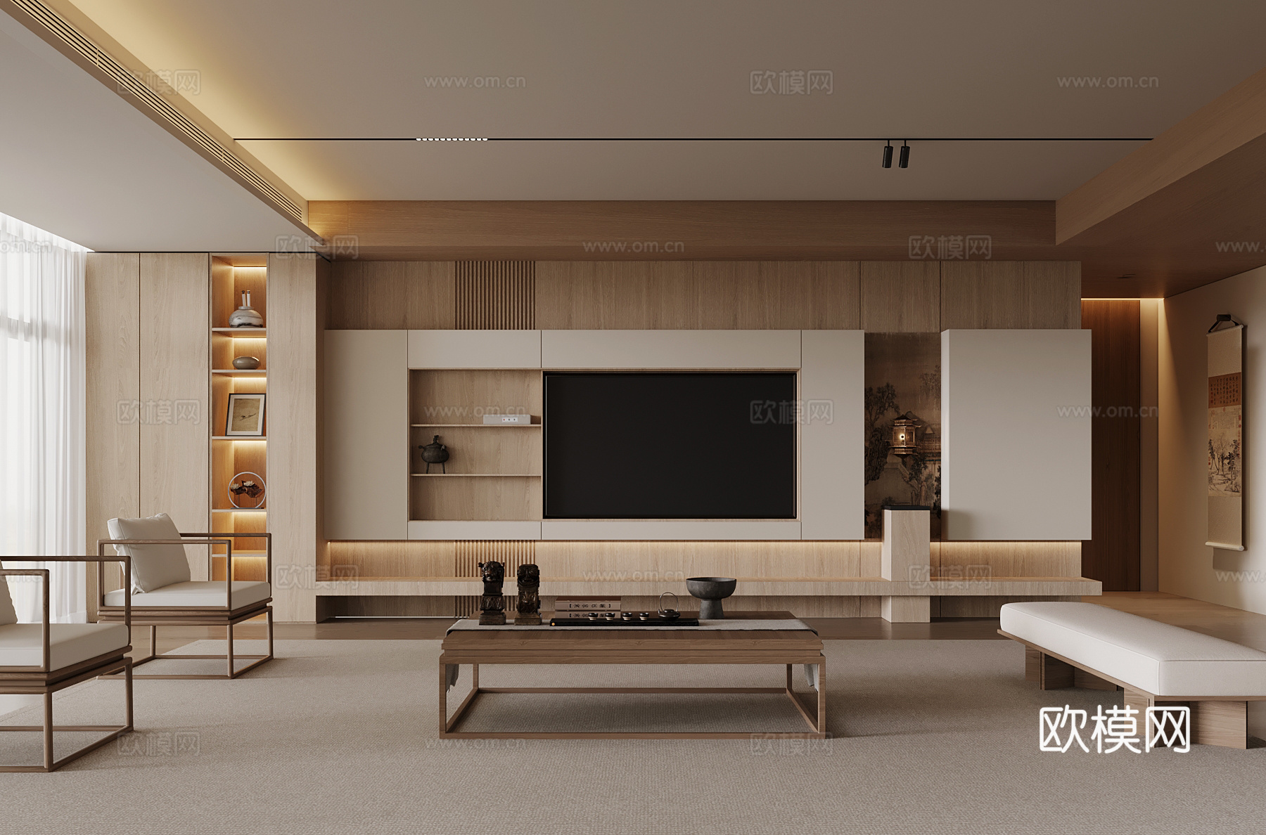 新中式客厅 电视背景墙su模型