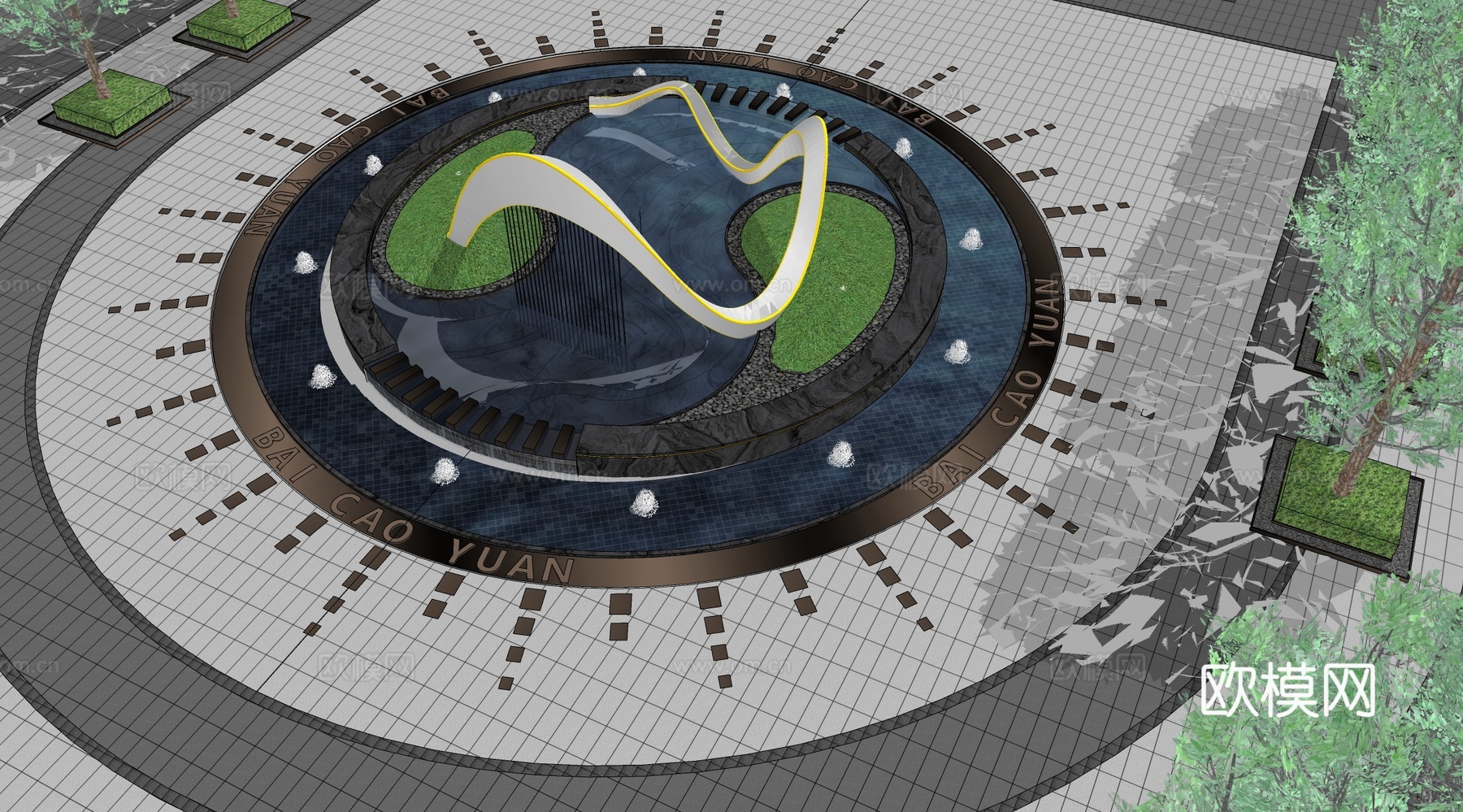 现代简约水景 喷泉雕塑 跌水叠水 镜面水景雕塑su模型下载（渲染图2）