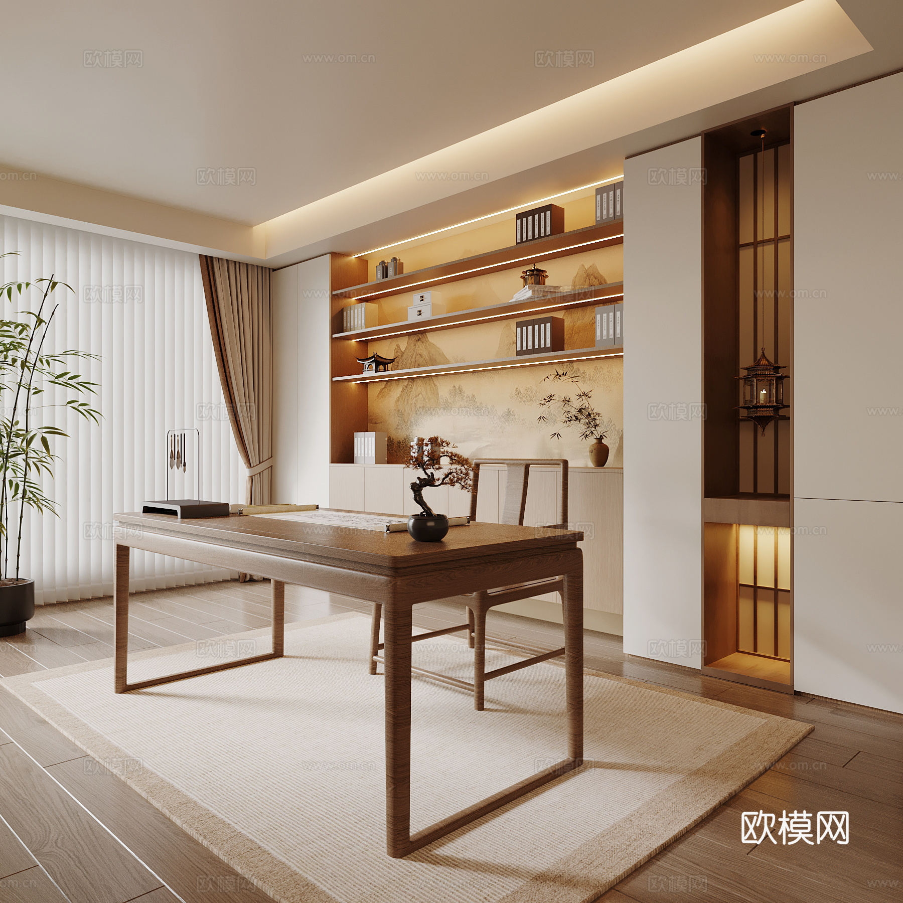 新中式书房 书柜 书桌椅su模型