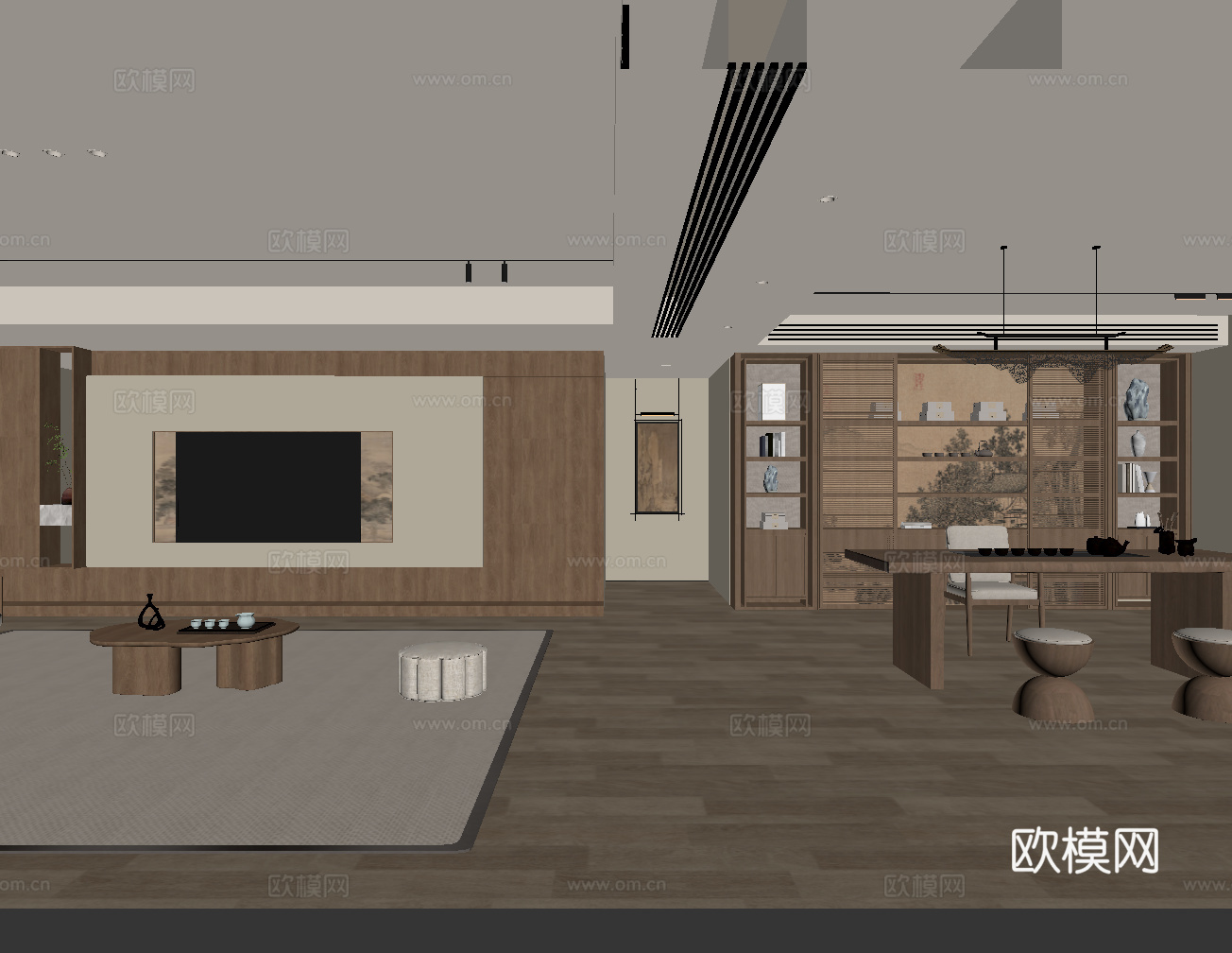 新中式家居客厅 茶室 沙发茶几组合 电视背景墙su模型