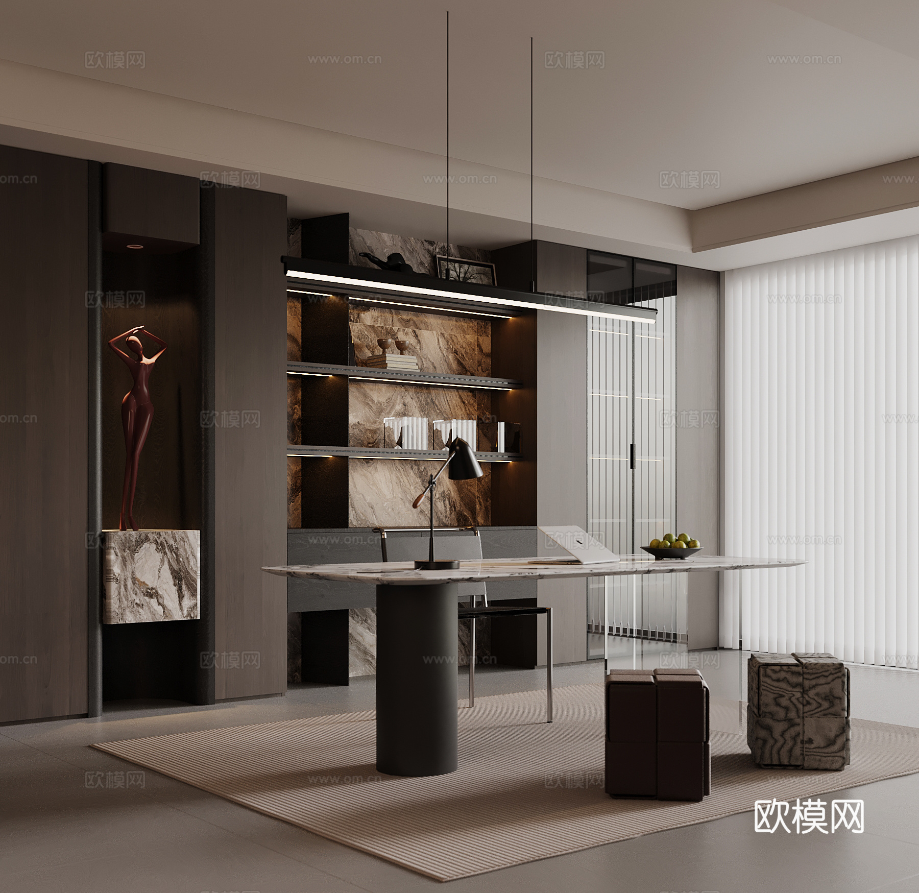 现代意式书房 书柜 书桌椅su模型