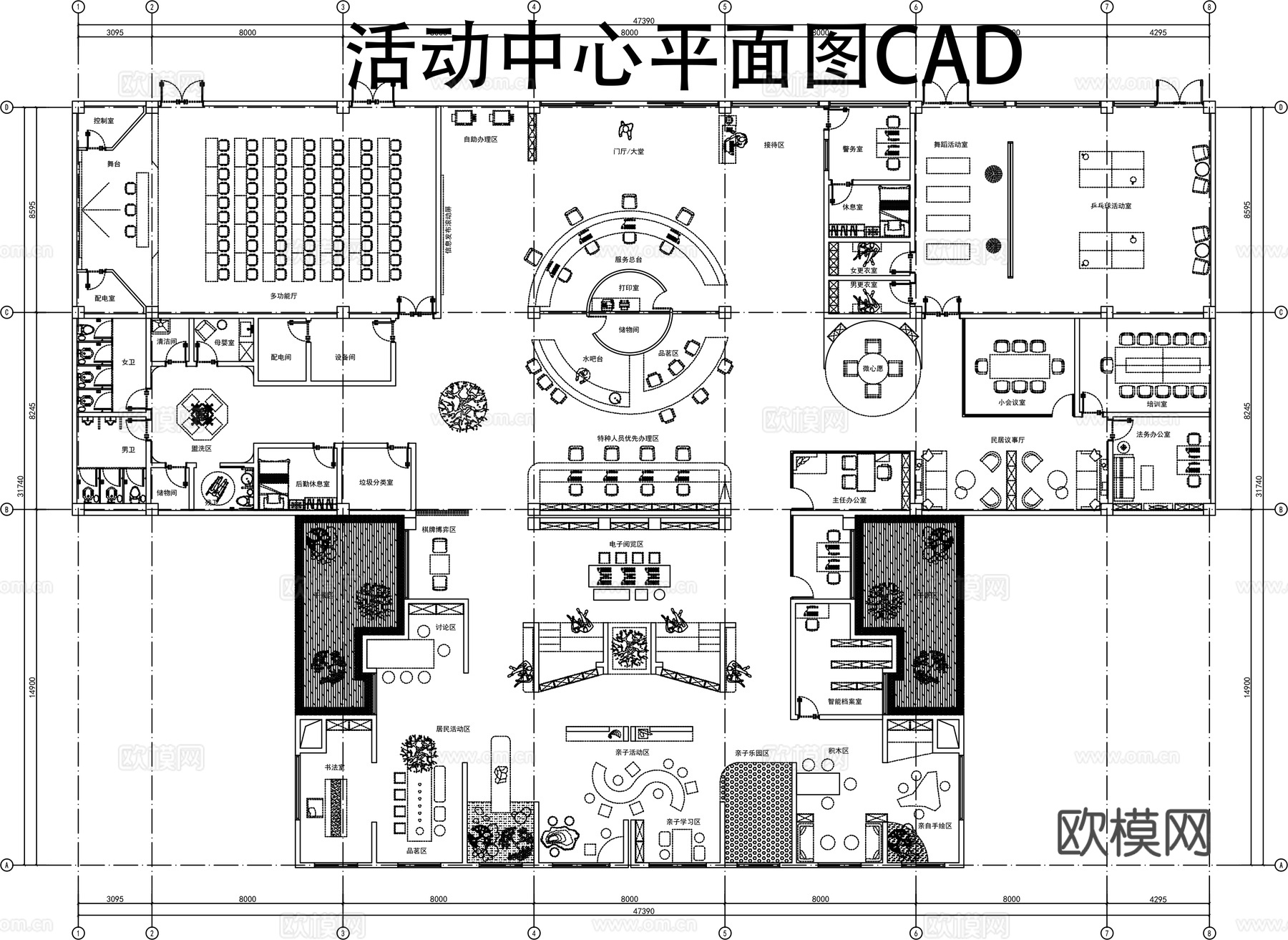 活动中心平面图cad施工图下载