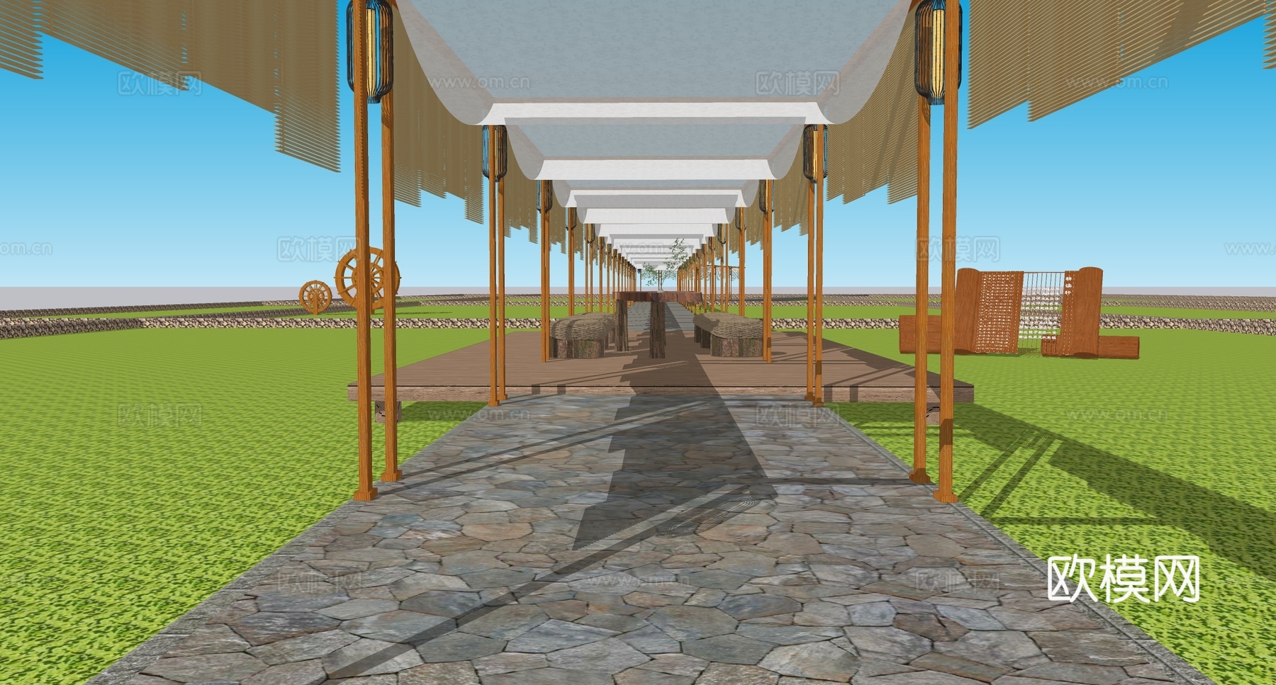 新中式古风长廊 廊架建筑 染布飘带su模型