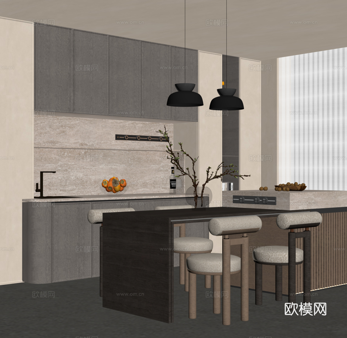 中古风餐厅 餐桌椅 岛台 酒柜 侘寂风餐厅su模型