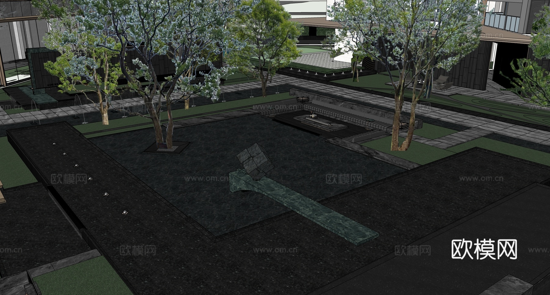 现代小区景观 下沉庭院 水景景观 公园景观su模型下载（渲染图2）