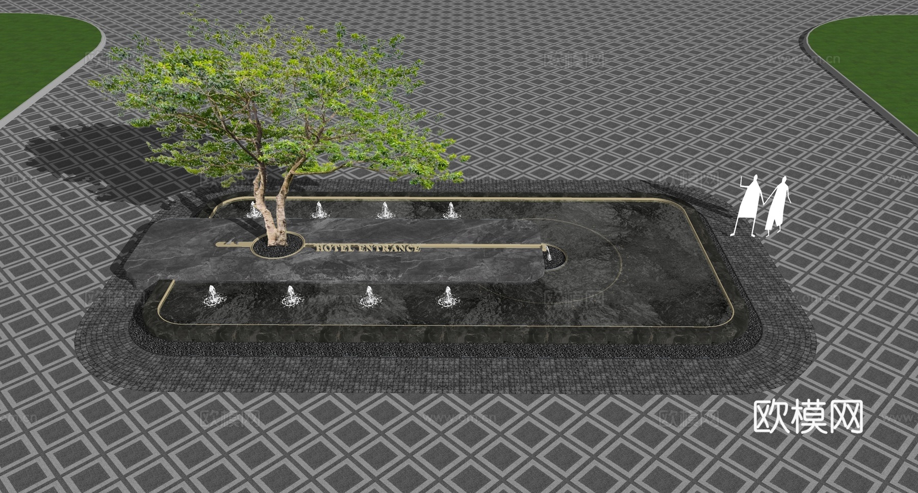 现代新中式水景 现代入口水景 酒店入口水景 小区景观su模型