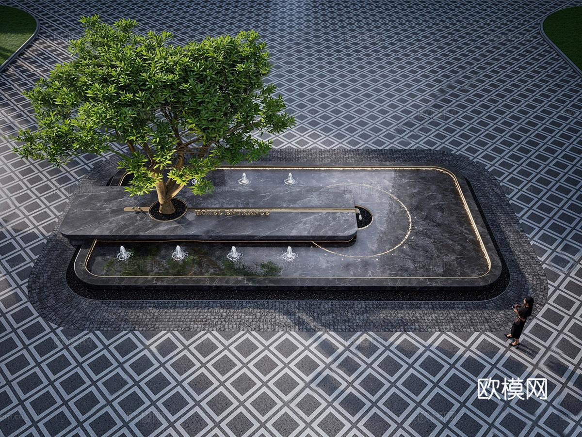 现代新中式水景 现代入口水景 酒店入口水景 小区景观su模型