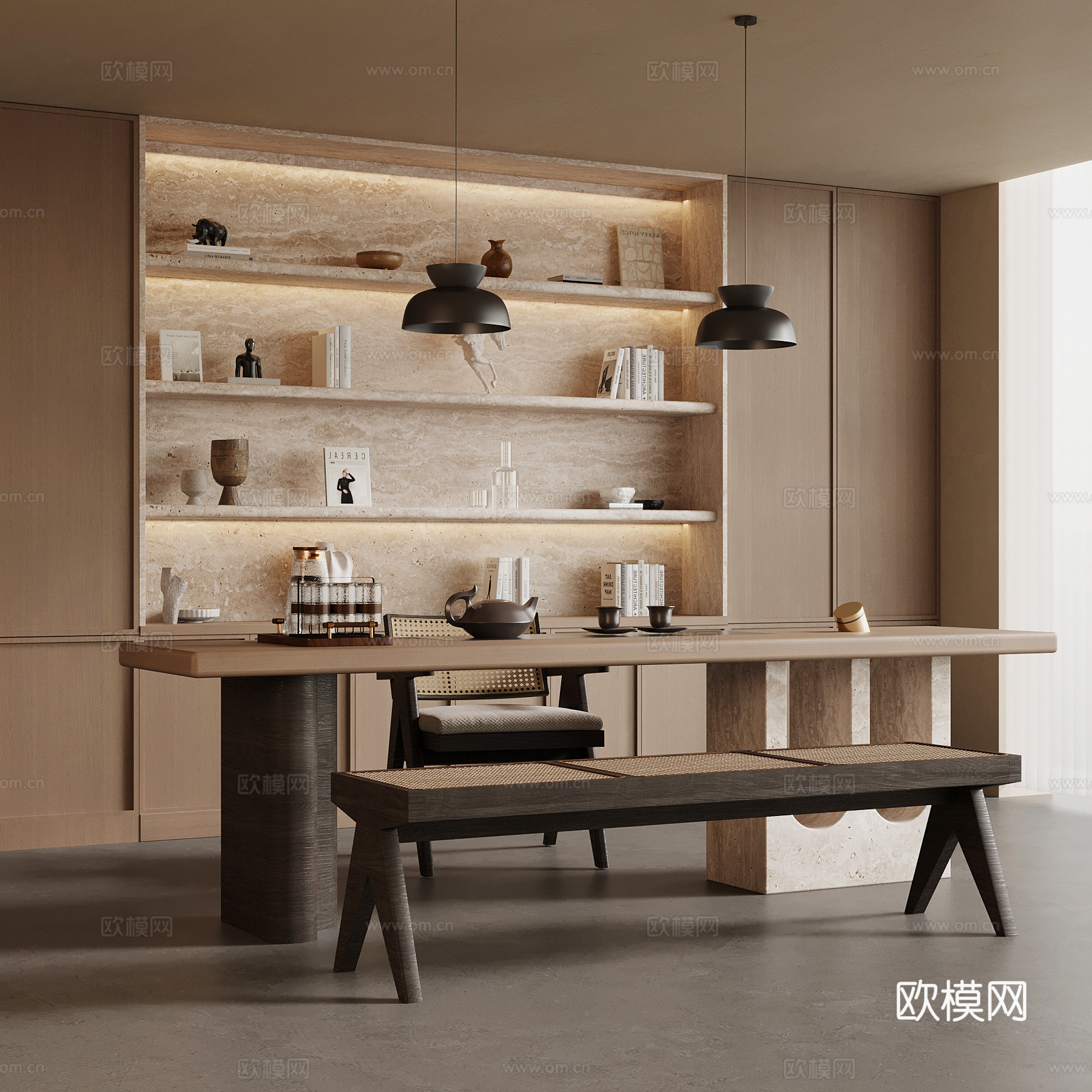 侘寂风书房 书桌椅 书柜 中古风书房su模型