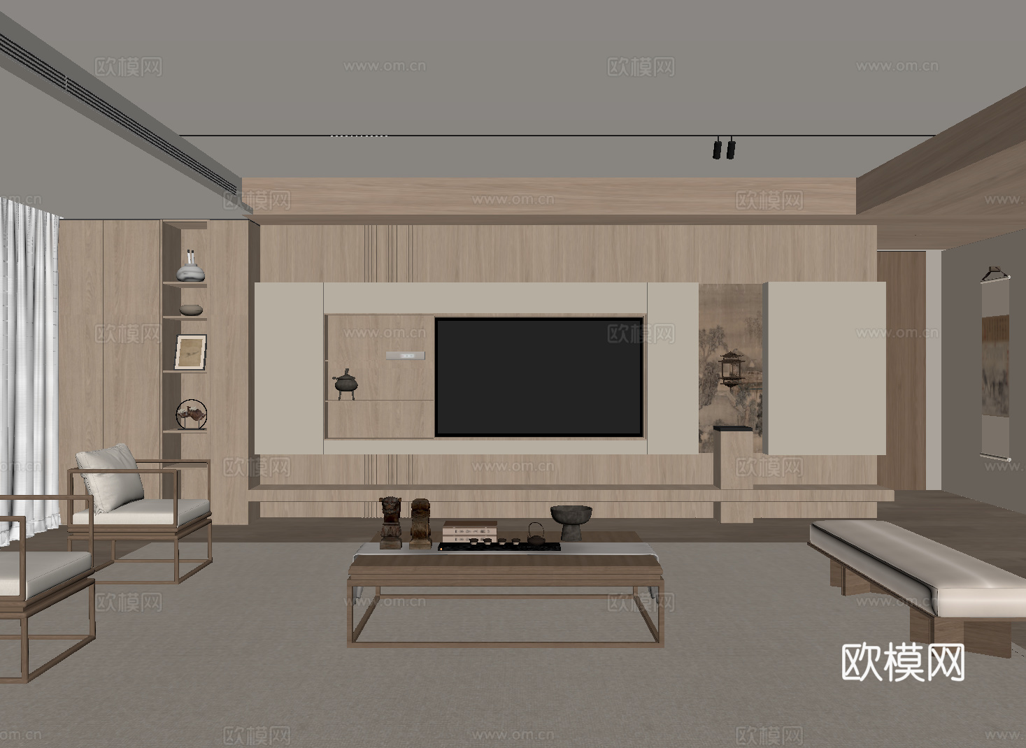 新中式客厅 电视背景墙su模型