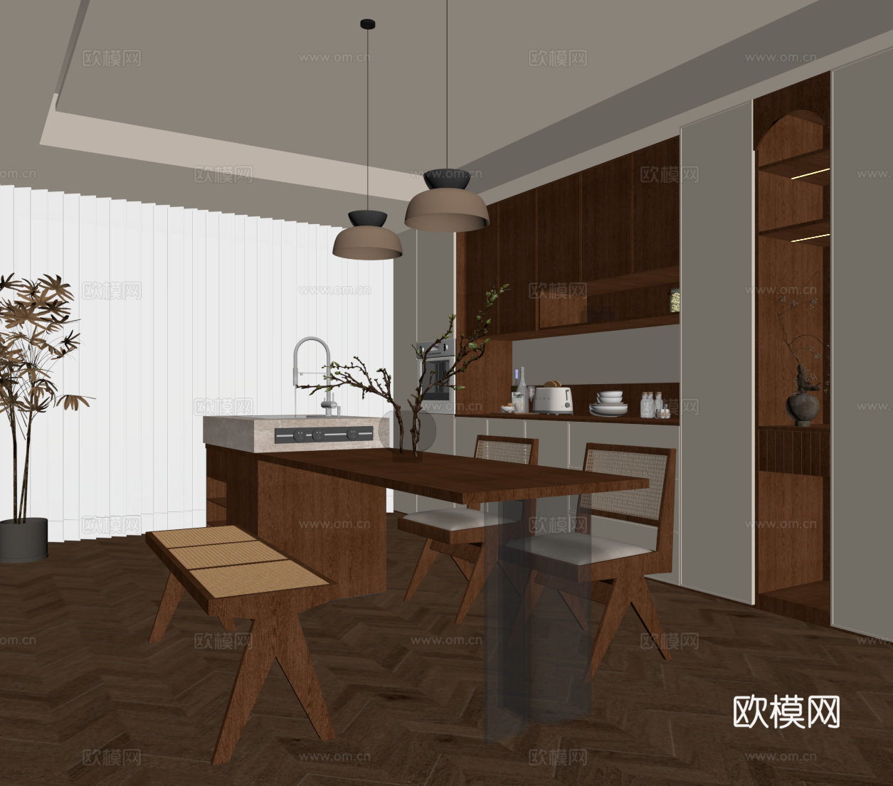 中古风餐厅 餐桌椅 岛台 酒柜su模型