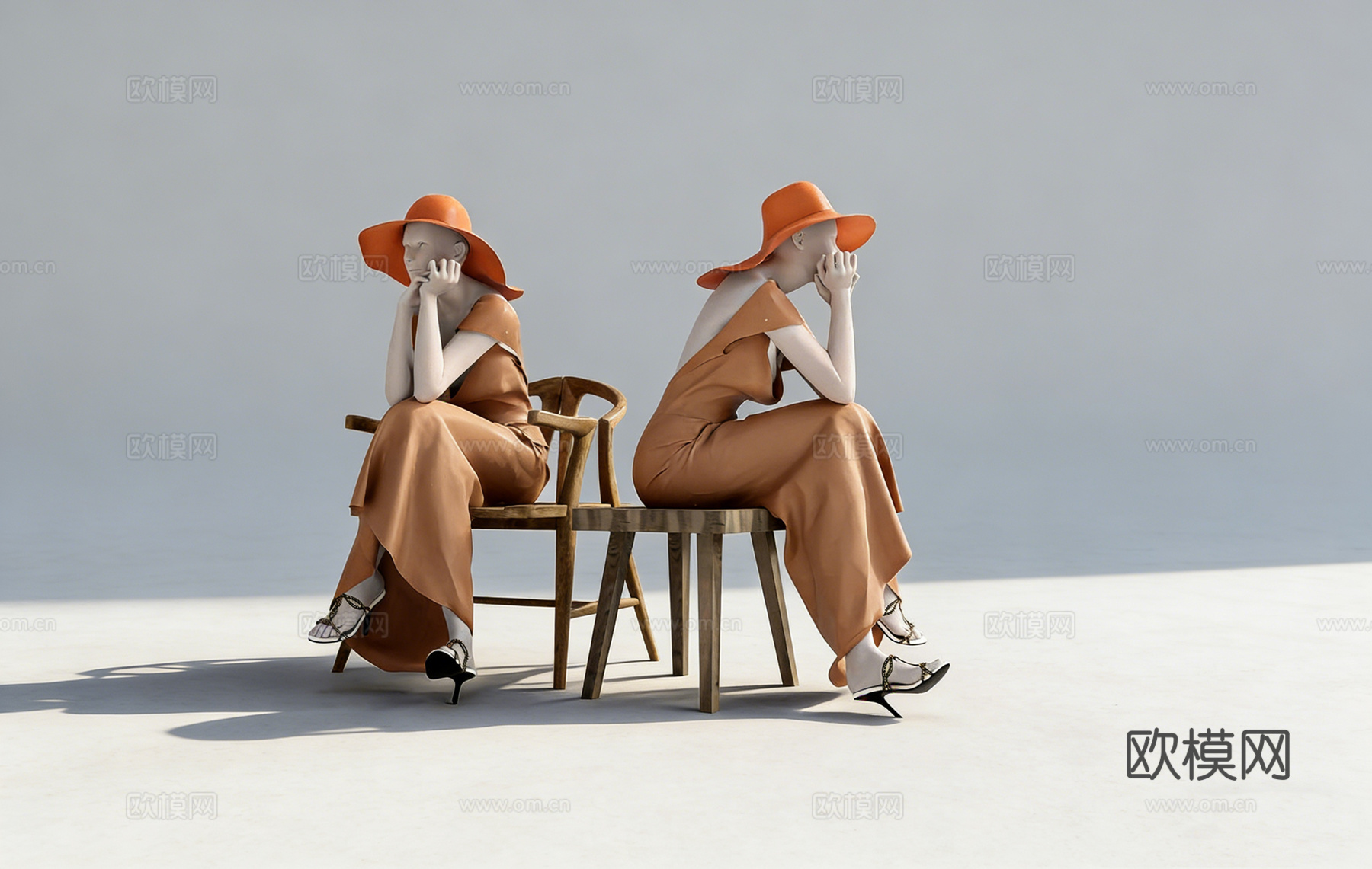 现代优雅女性坐姿人体模特 橙色长裙戴帽 宽檐帽 服装道具su模型
