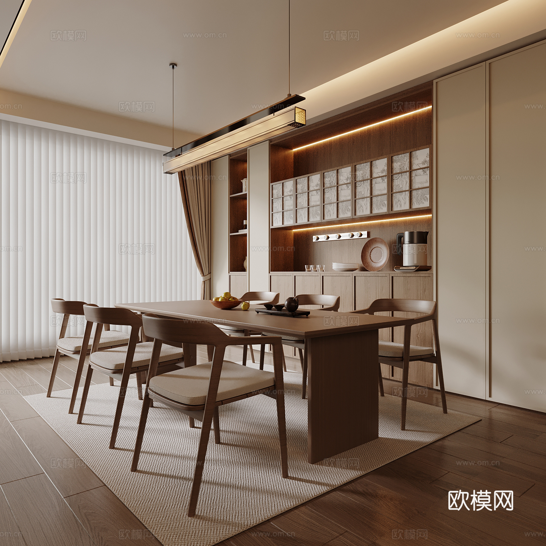 新中式餐厅 餐桌椅 酒柜 餐边柜 宋氏餐厅su模型