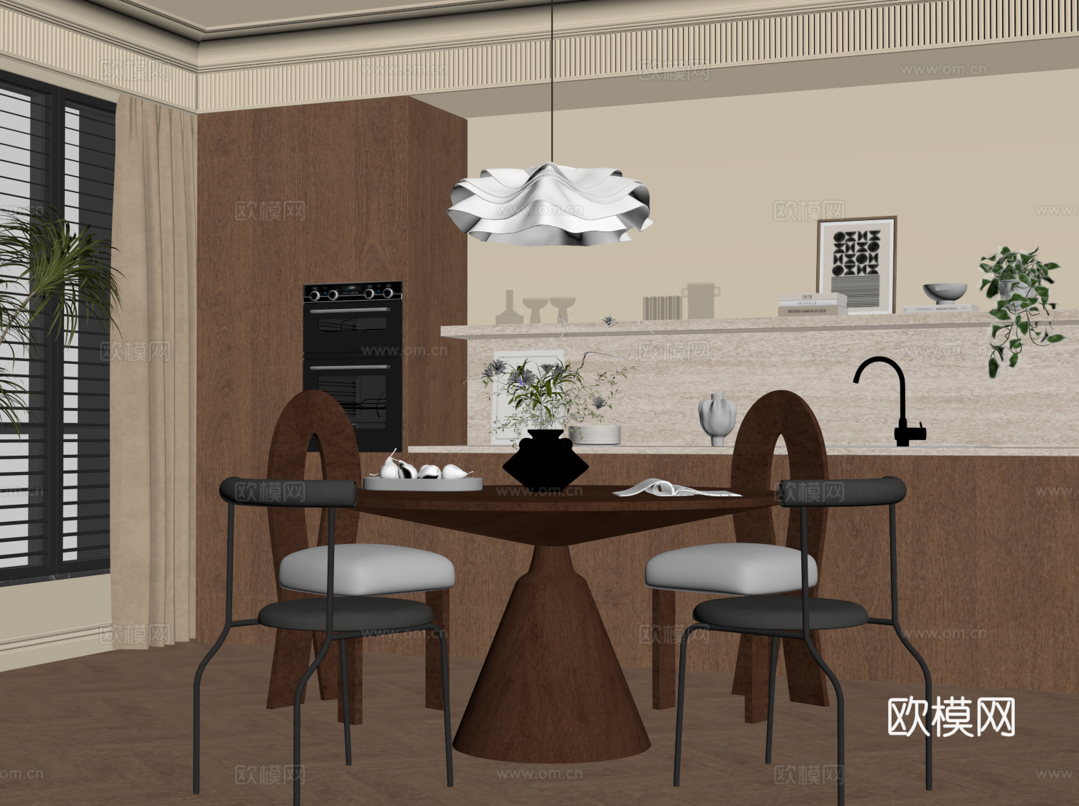 中古风餐厅 餐边柜 橱柜 餐桌椅 圆桌su模型