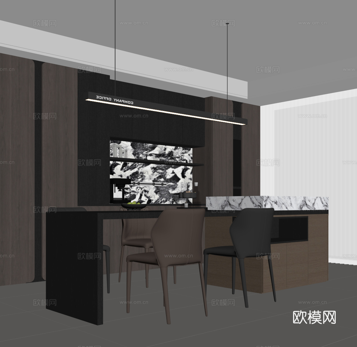 现代意式餐厅 餐桌椅 酒柜 岛台su模型