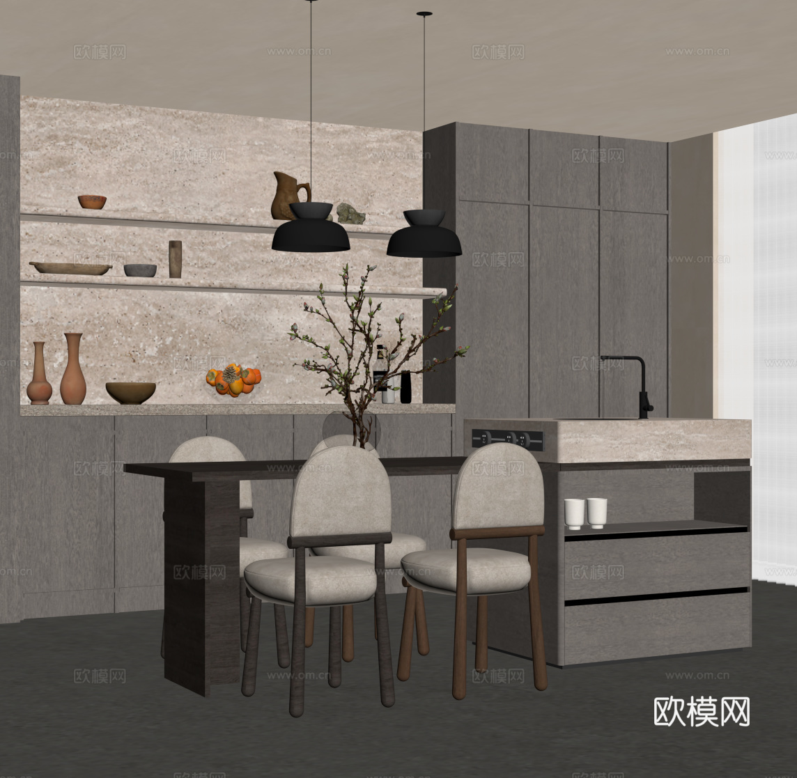 中古风餐厅 餐桌椅 岛台 酒柜 侘寂风餐厅su模型