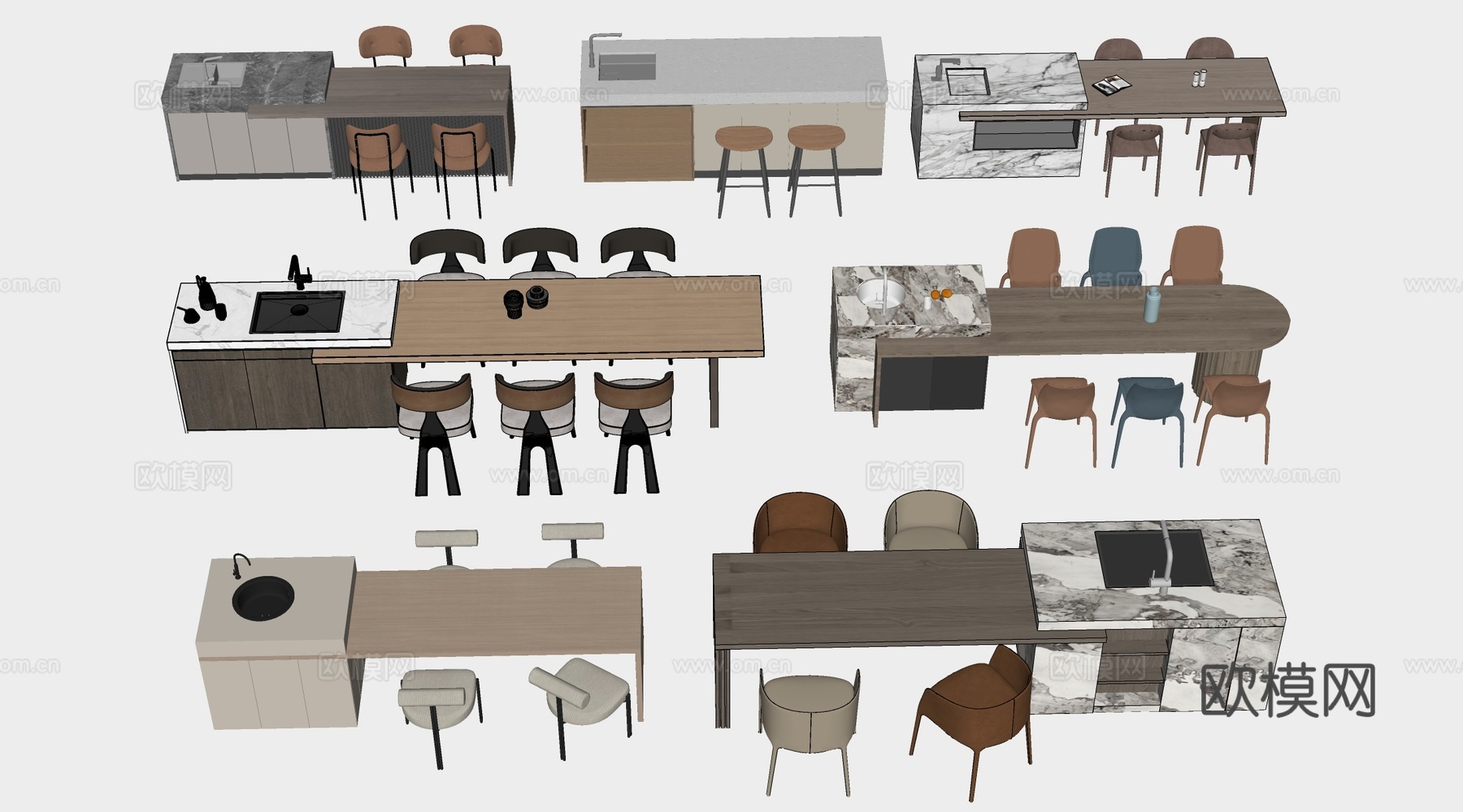 现代岛台桌椅 餐桌椅 餐厅岛台su模型