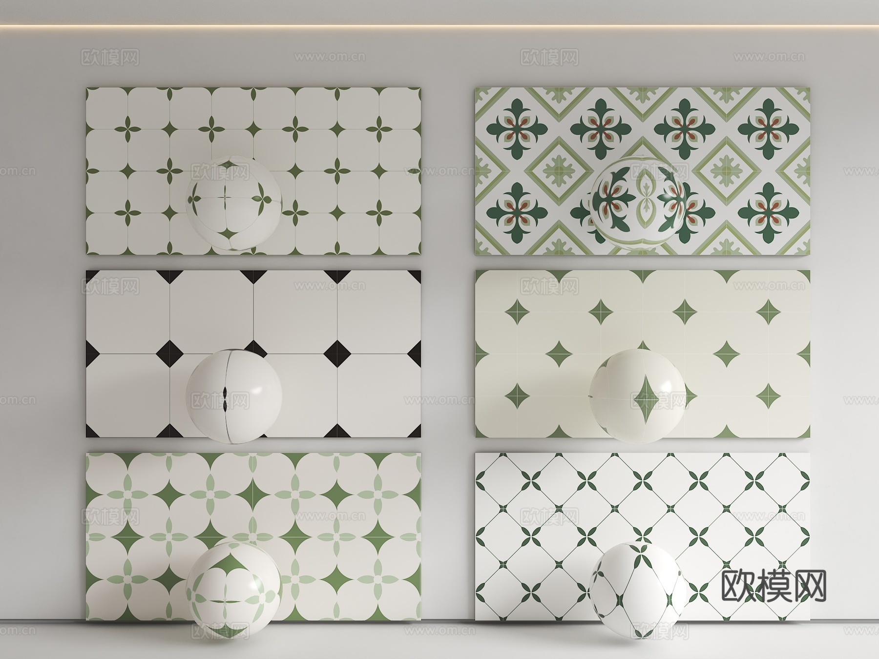 小花砖 中古花纹砖 绿色花砖 卫生间瓷砖 小清新花砖 花纹砖su模型下载（渲染图1）