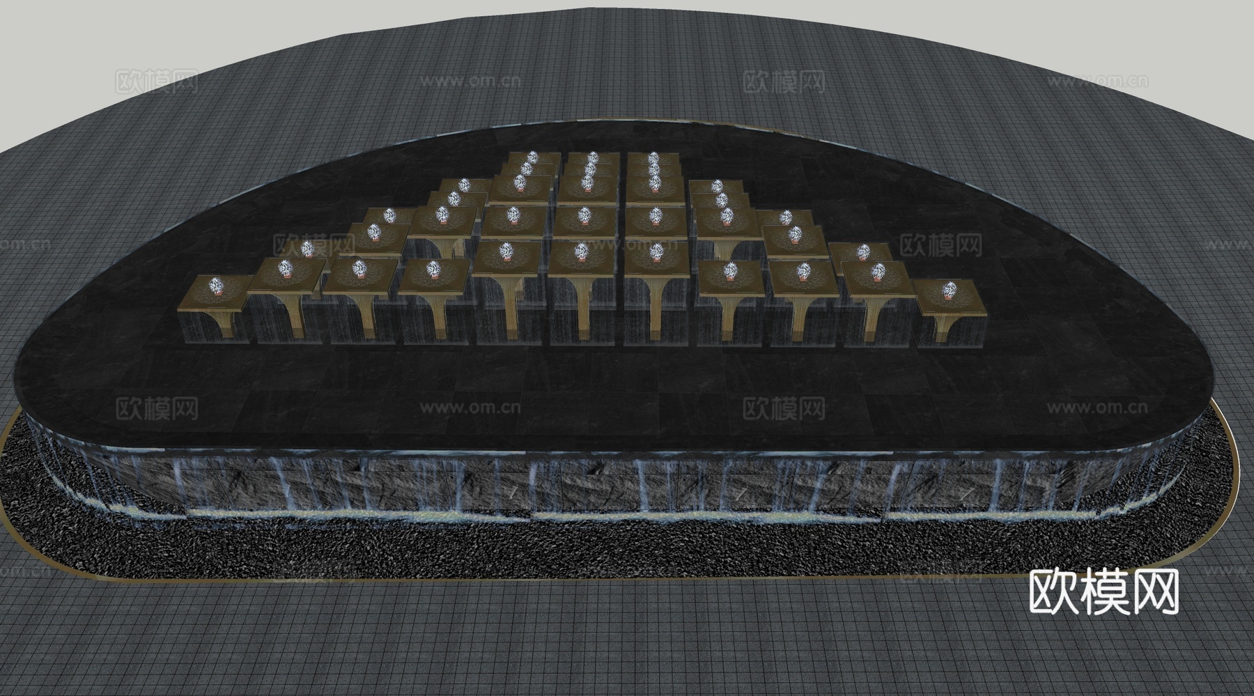 现代轻奢水景 入口环岛水景 酒店式环岛水景 方块水钵水景su模型下载（渲染图2）