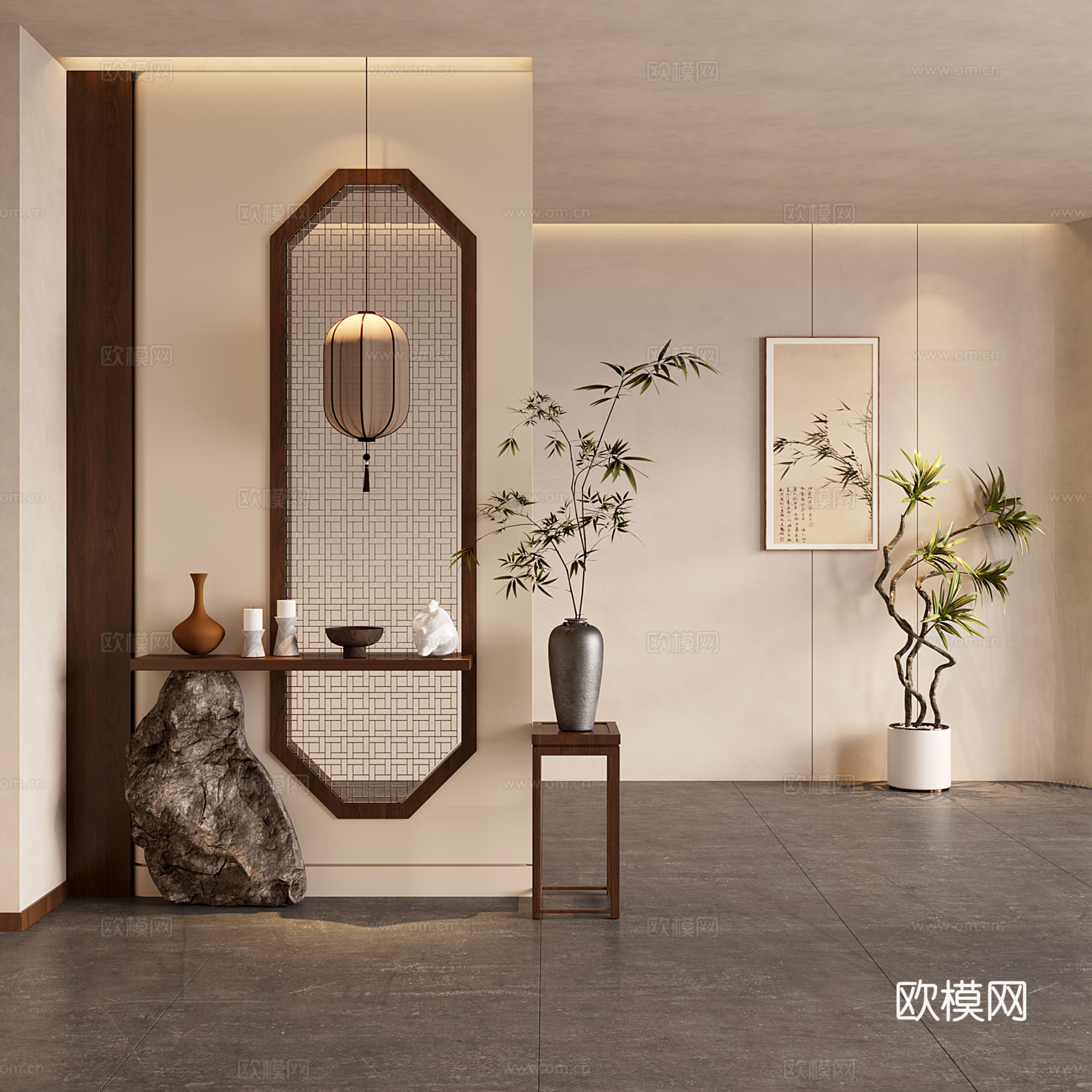 新中式中古隔断 新中式玄关隔断 屏风 端景柜su模型下载（渲染图2）