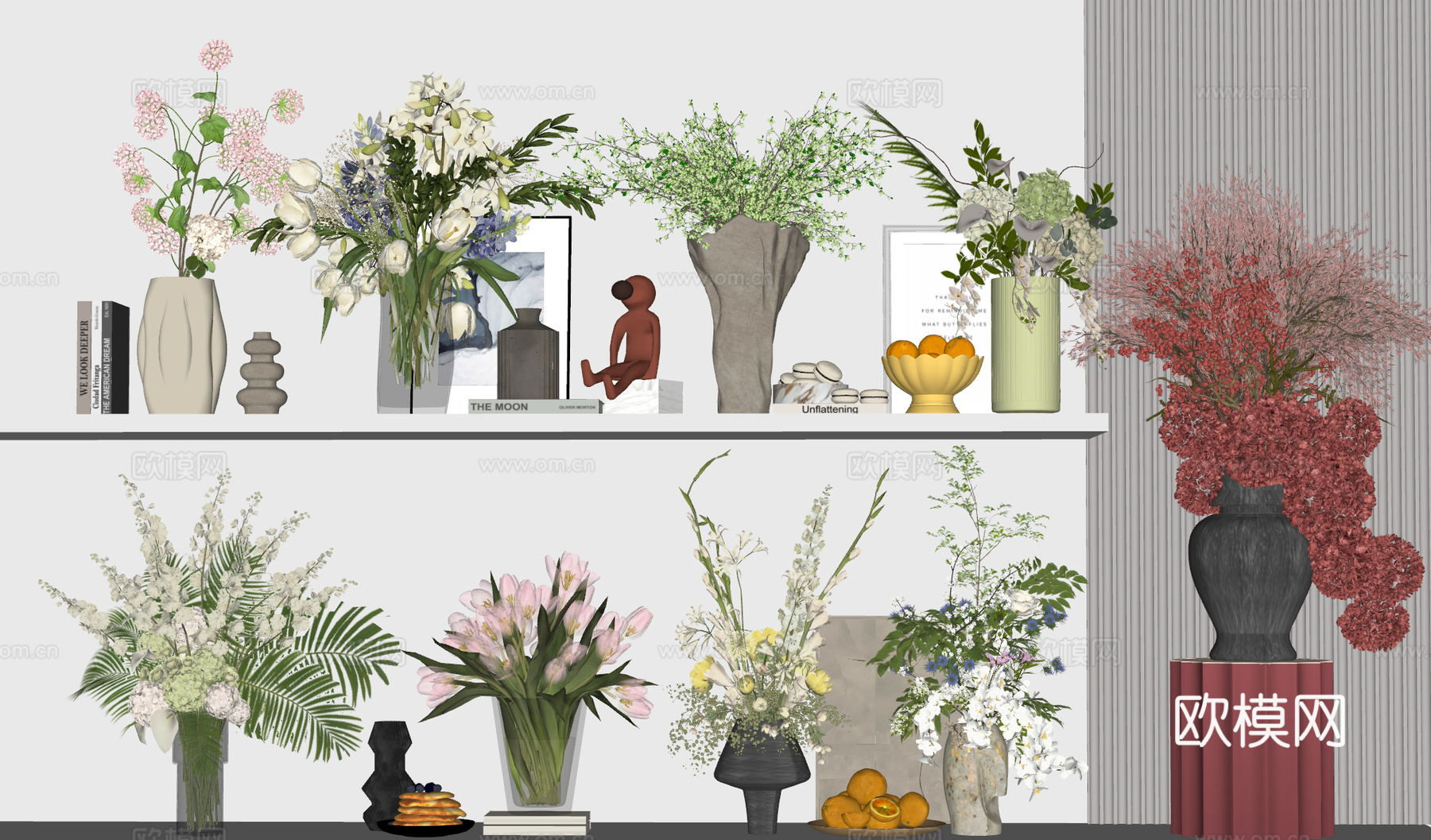 现代花瓶花卉组合 装饰摆件 书 挂画 水生植物 花瓶摆件su模型下载（渲染图2）
