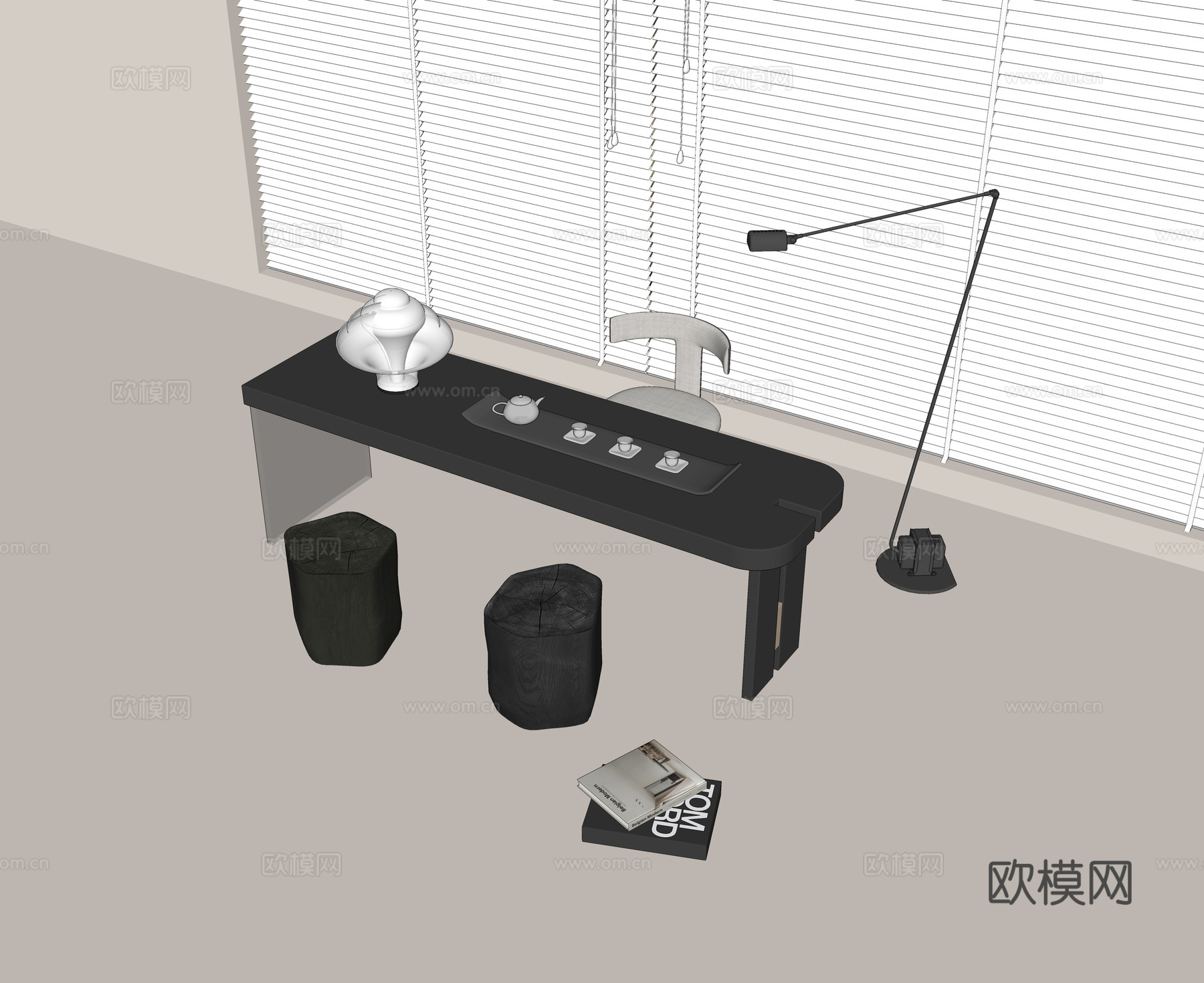 现代茶桌椅组合 实木茶桌 休闲单椅 不规则矮凳 茶具组合su模型