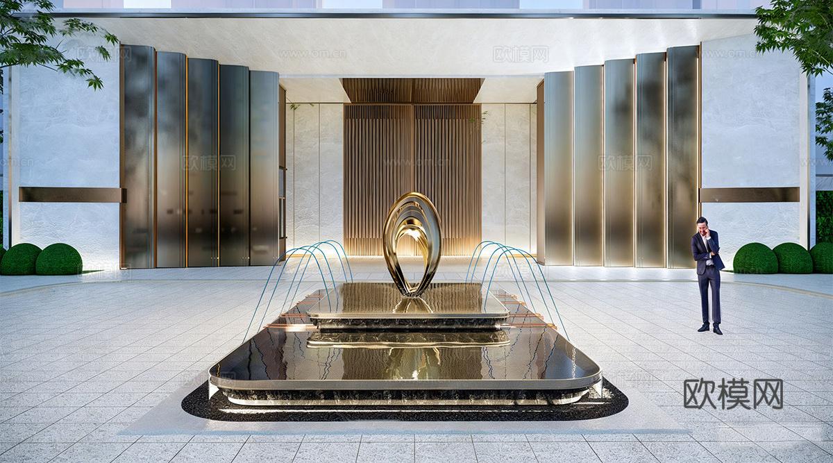 现代水景 入口水景 小区水景雕塑su模型下载（渲染图1）