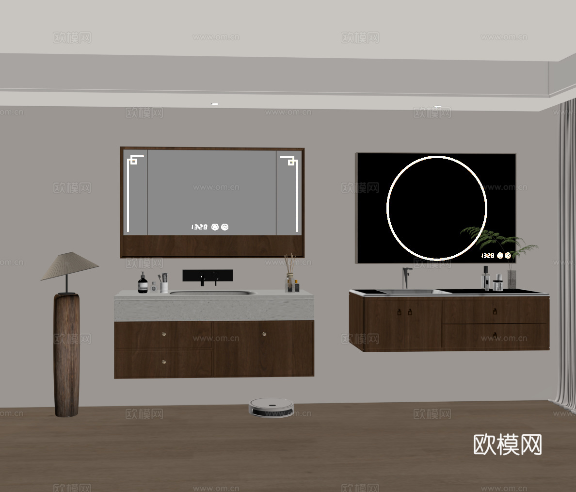 新中式浴室柜 镜柜 木饰面浴室柜 台盆柜 成品浴室柜su模型下载（渲染图1）