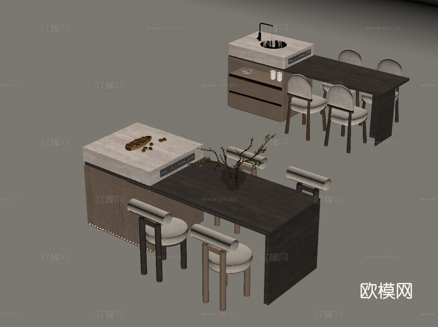 中古风岛台 餐桌椅su模型