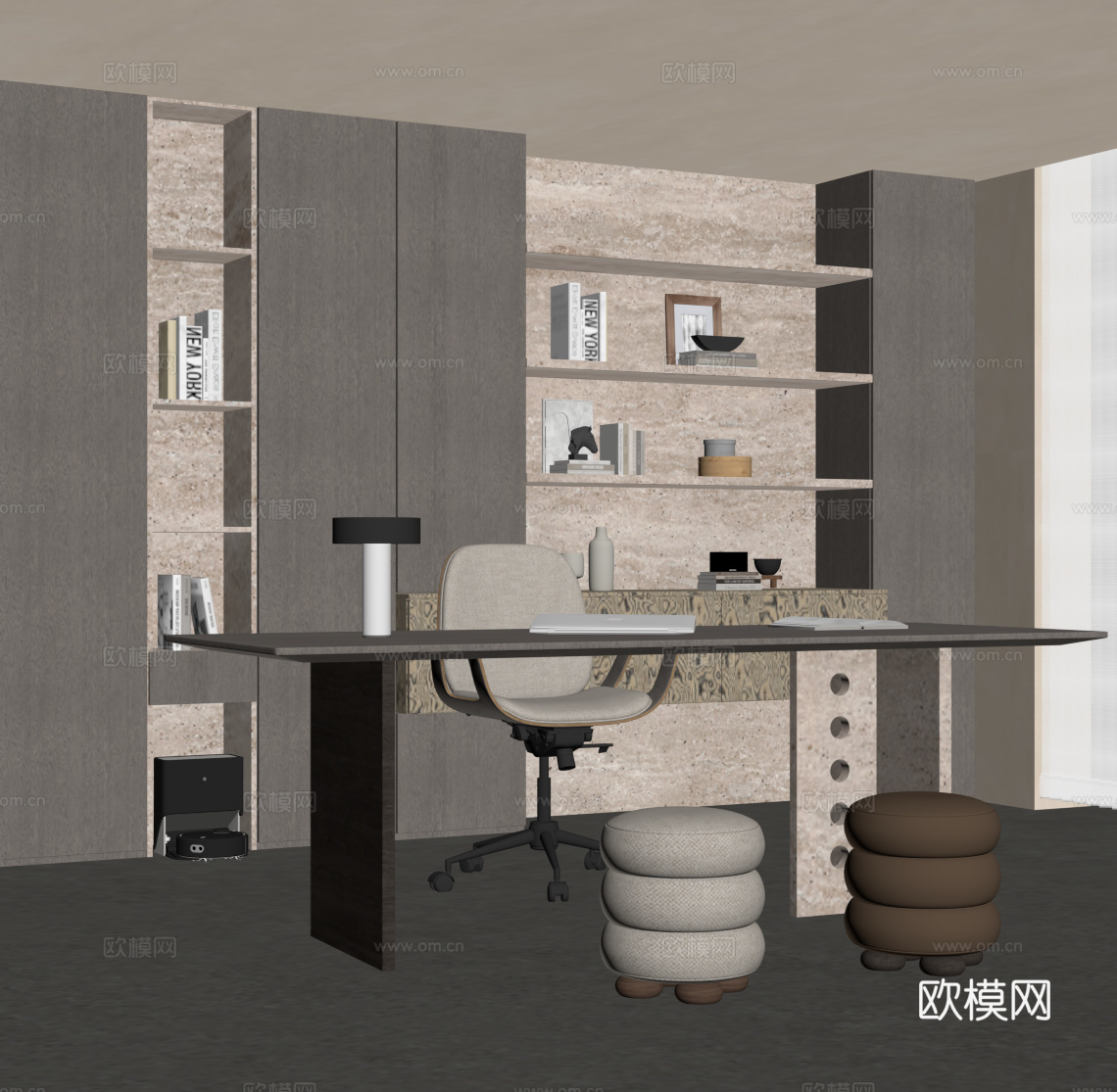 侘寂风书房 书柜 书桌椅 中古风书房su模型