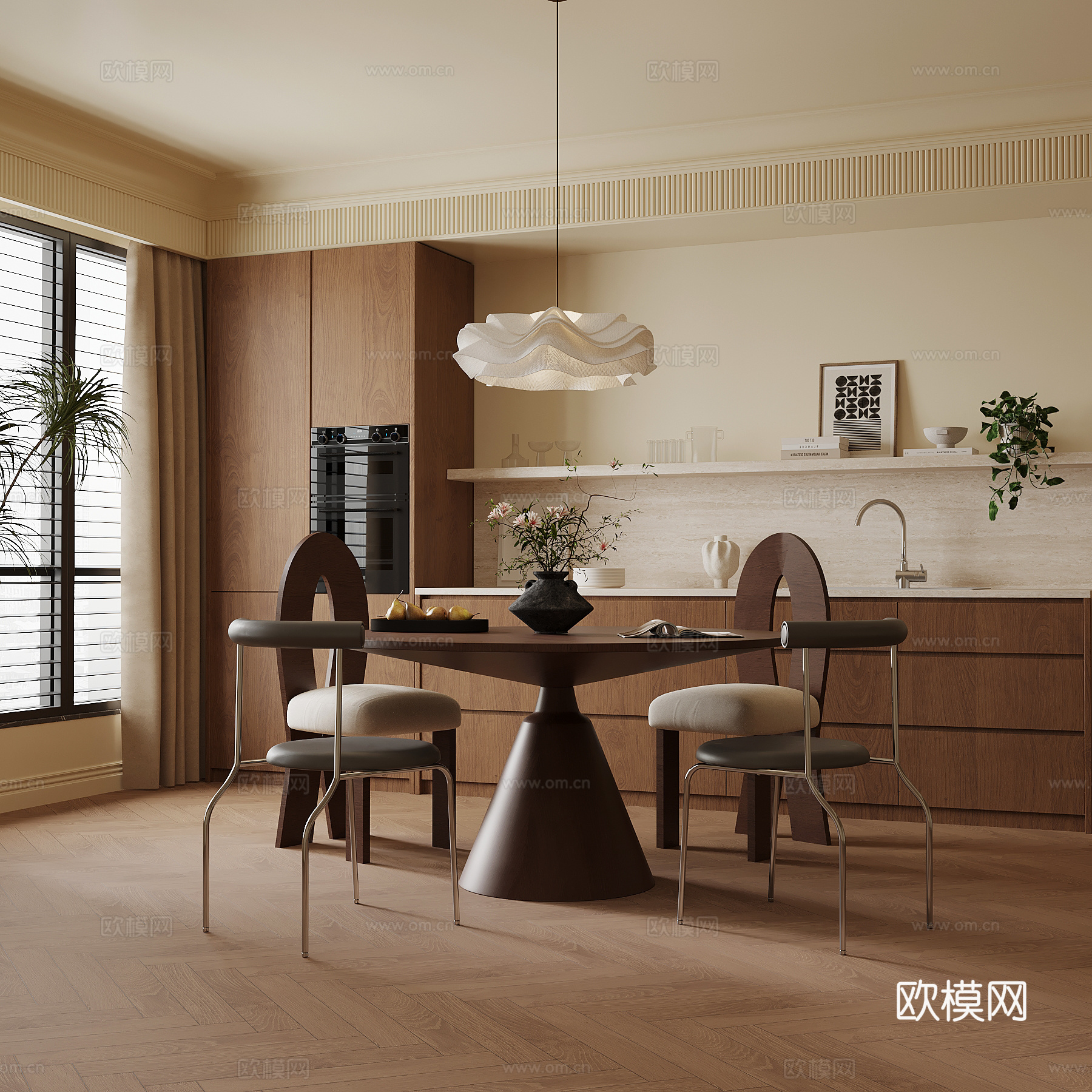 中古风餐厅 餐边柜 橱柜 餐桌椅 圆桌su模型