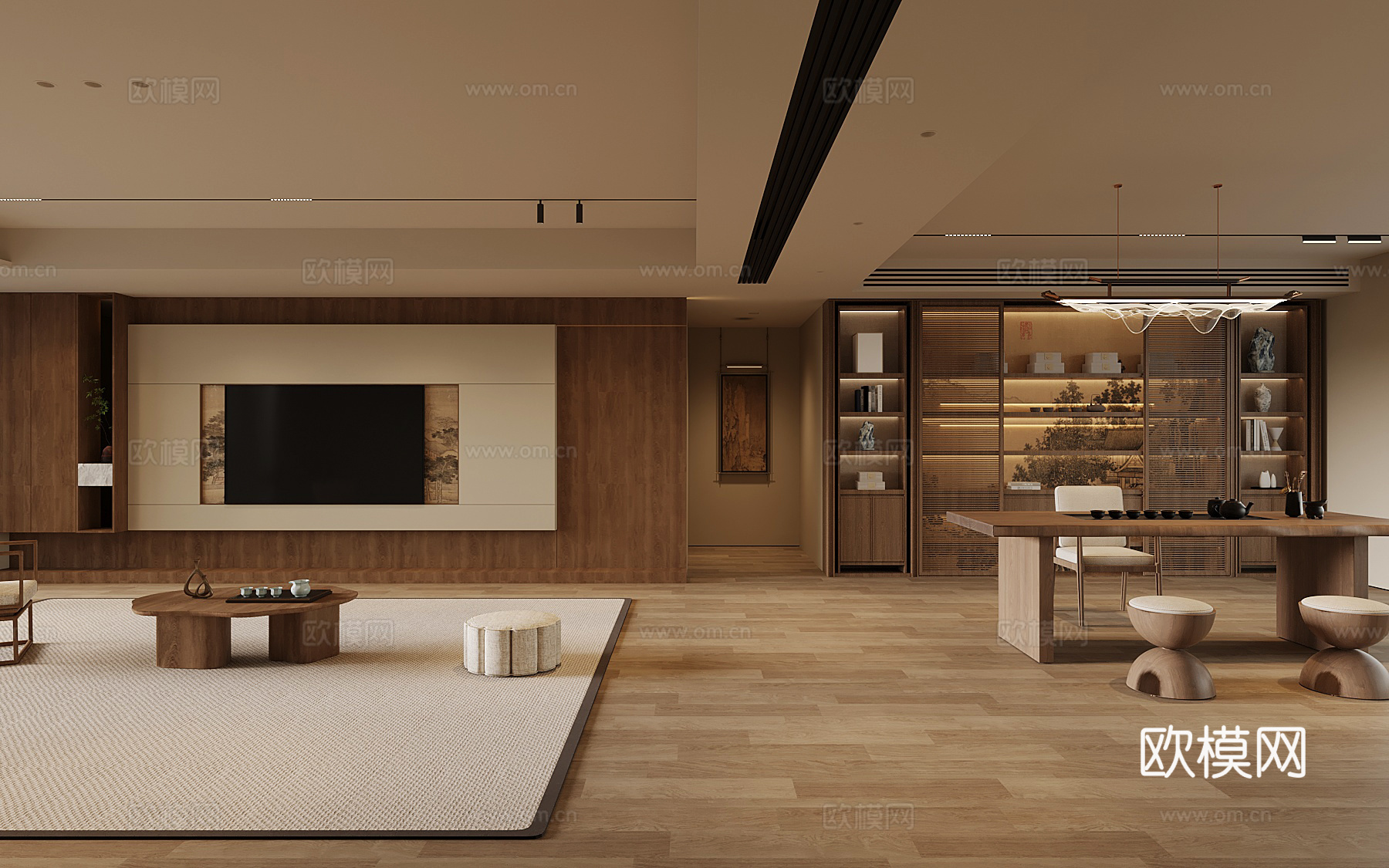 新中式家居客厅 茶室 沙发茶几组合 电视背景墙su模型