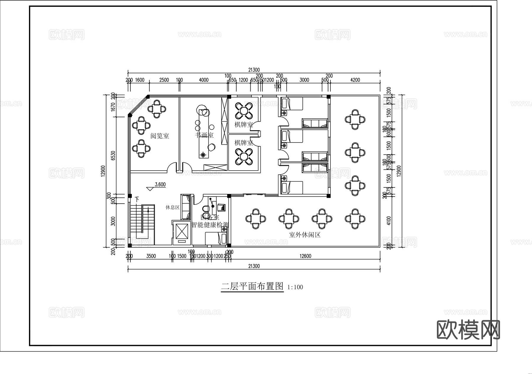 活动中心平面图cad施工图下载（渲染图2）