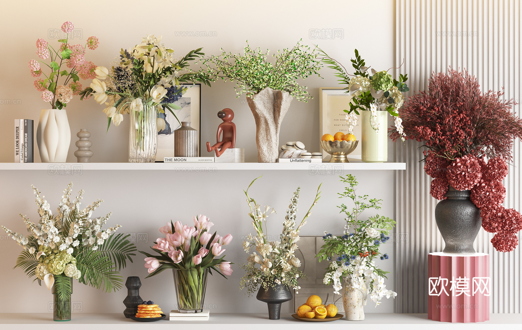 现代花瓶花卉组合 装饰摆件 书 挂画 水生植物 花瓶摆件su模型下载（渲染图1）