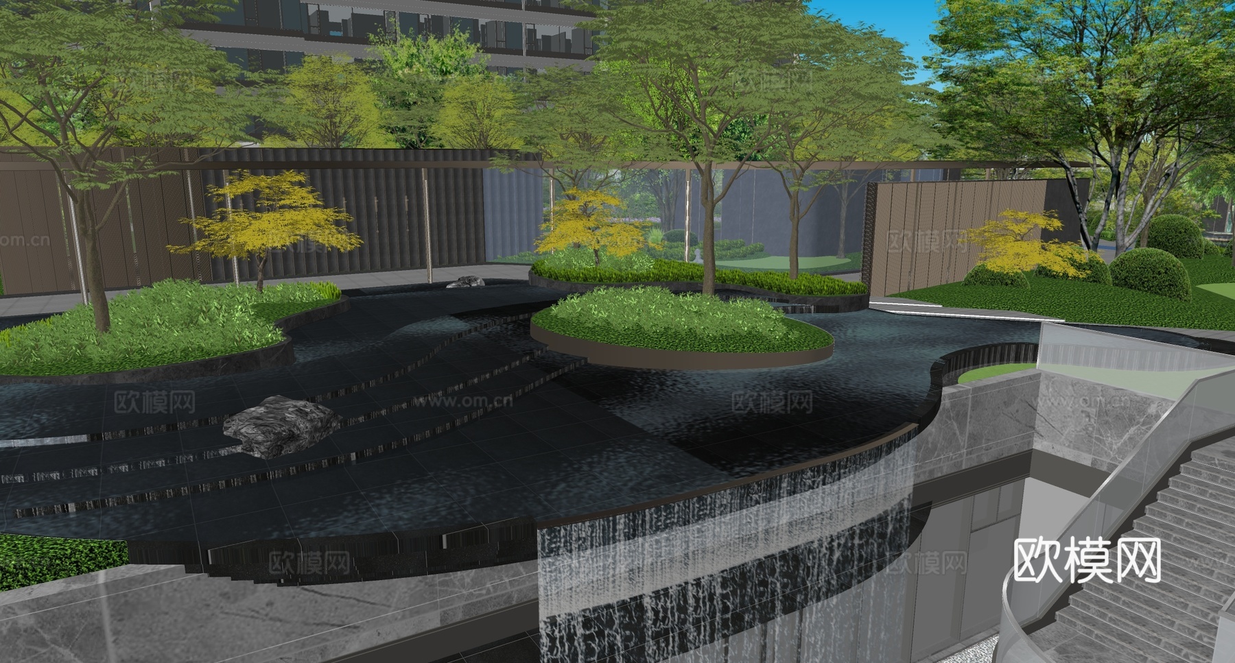 现代小区景观 曲线水景 入口廊架 跌水景观 庭院景观su模型下载（渲染图2）