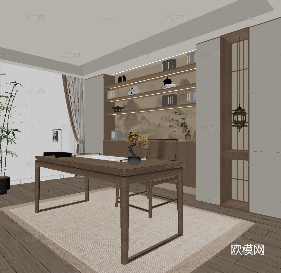 新中式书房 书柜 书桌椅su模型