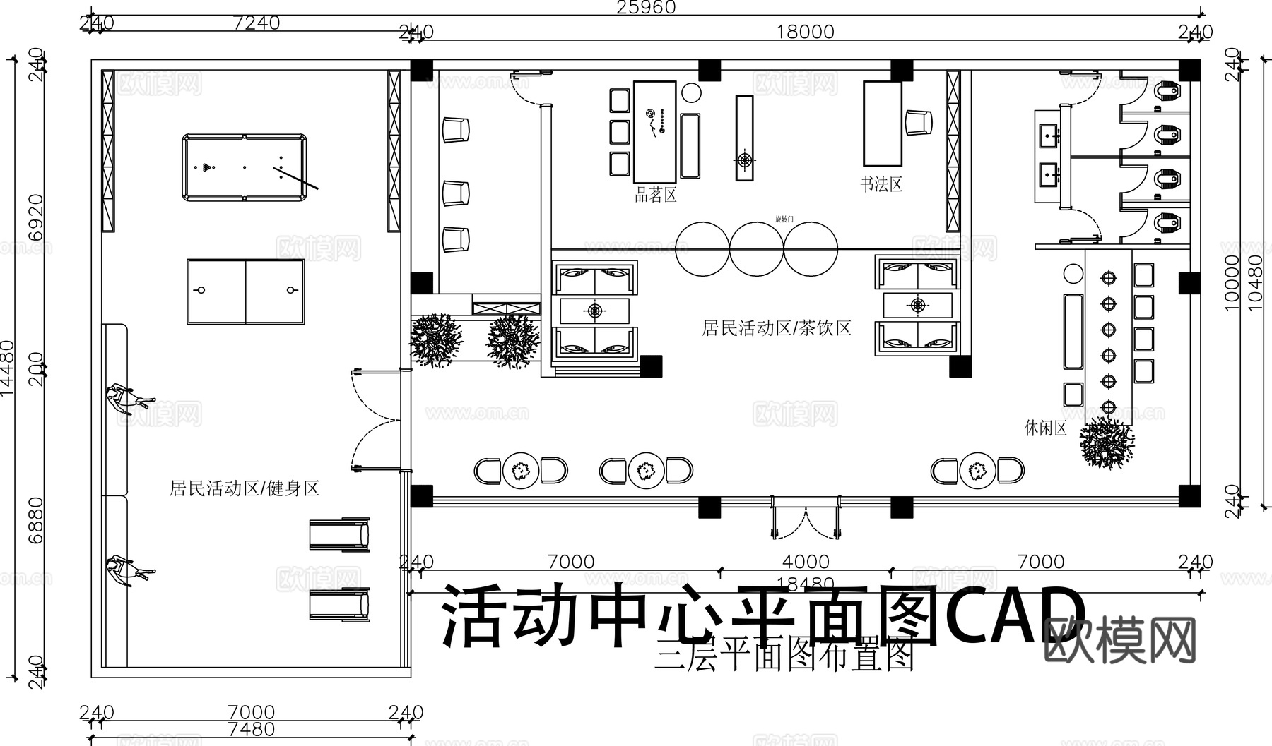 活动中心平面图CADcad施工图下载