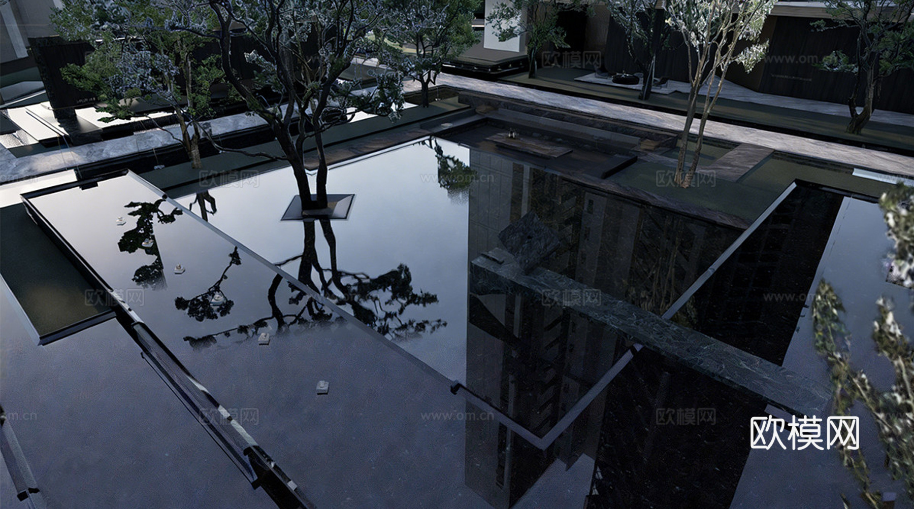 现代小区景观 下沉庭院 水景景观 公园景观su模型下载（渲染图1）