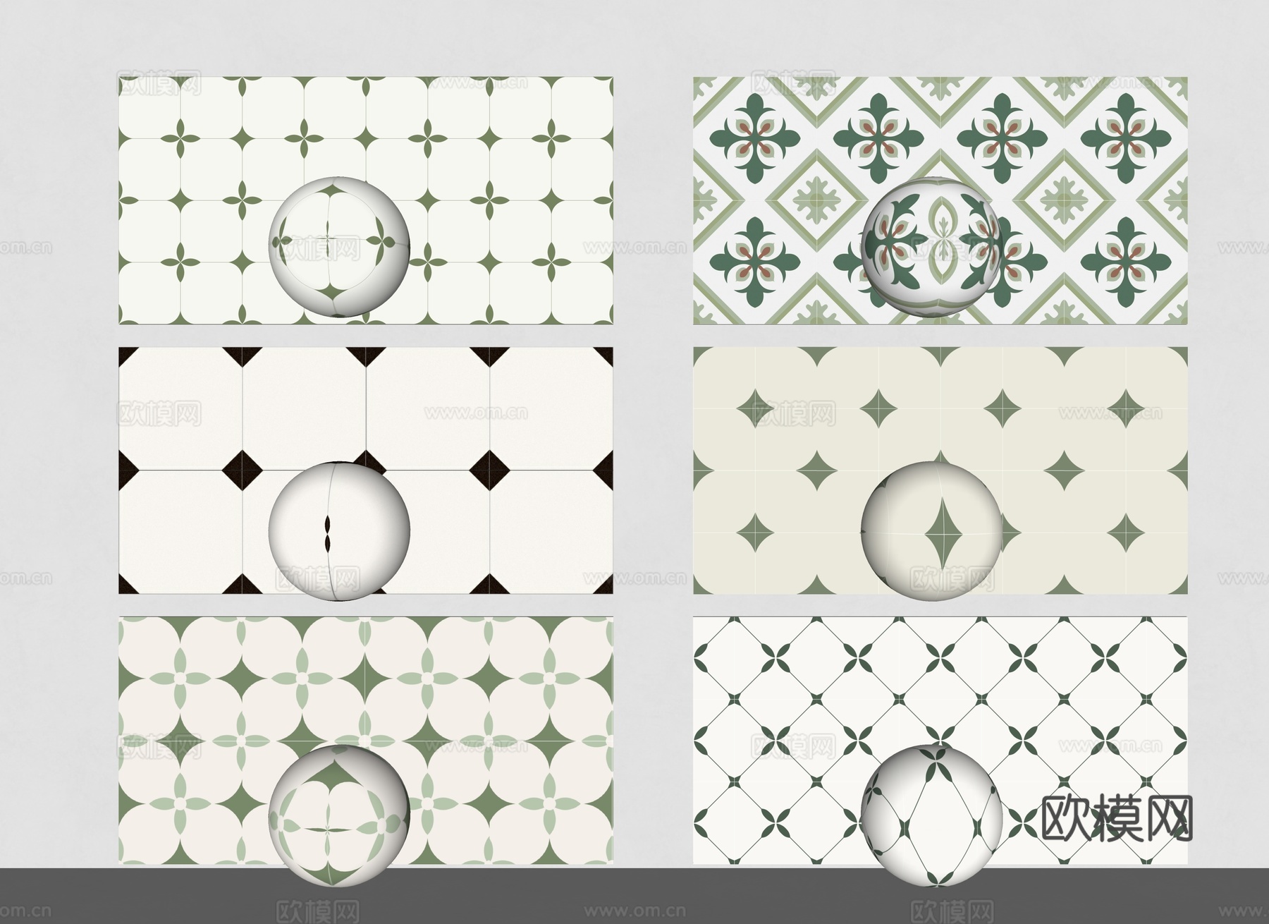 小花砖 中古花纹砖 绿色花砖 卫生间瓷砖 小清新花砖 花纹砖su模型下载（渲染图2）