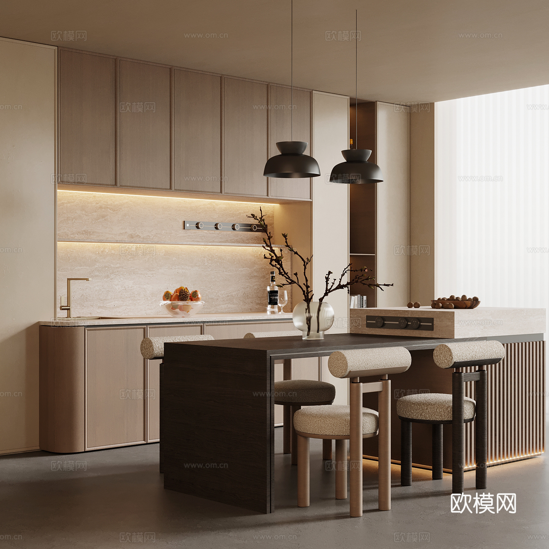 中古风餐厅 餐桌椅 岛台 酒柜 侘寂风餐厅su模型