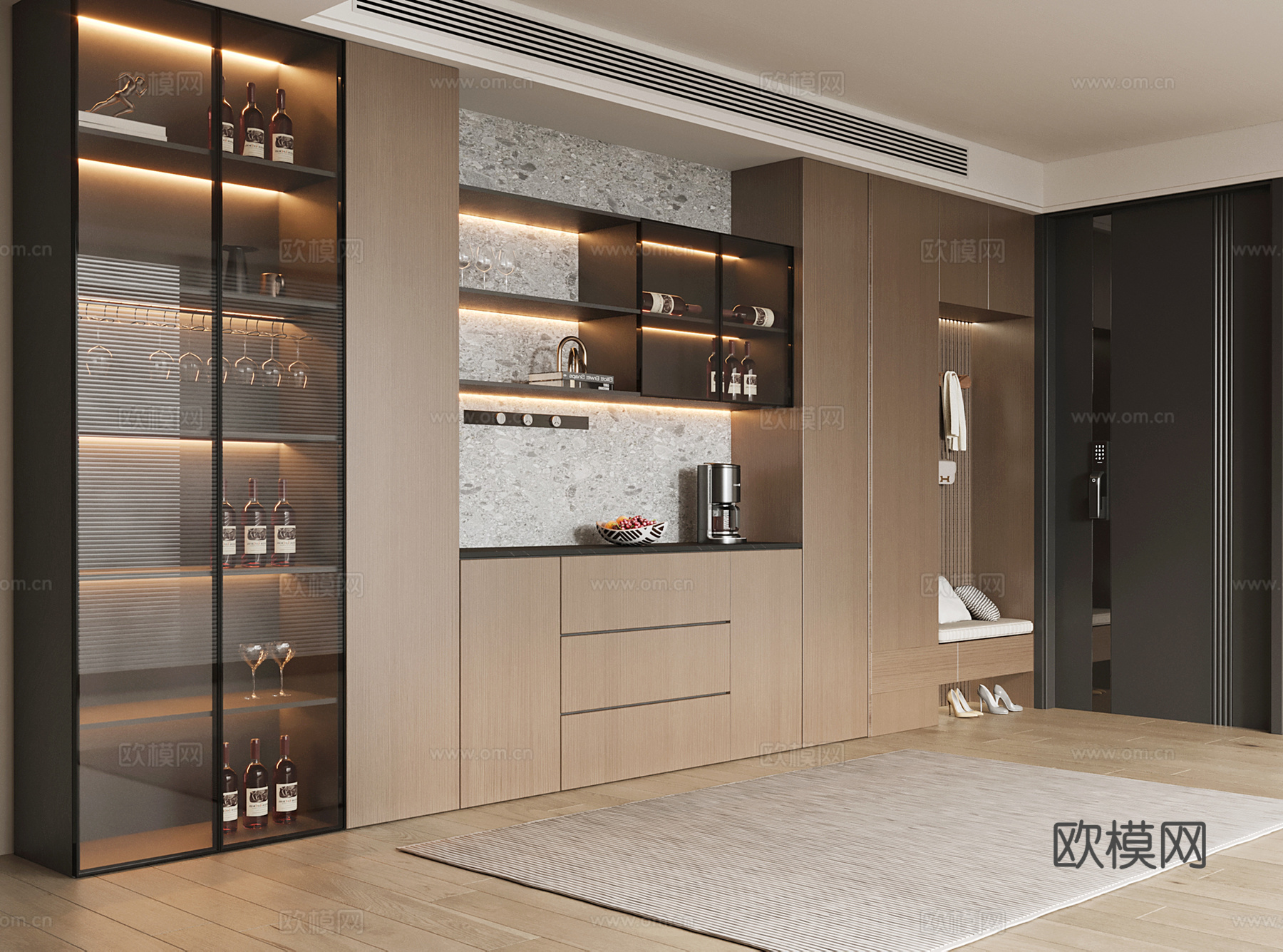 现代意式鞋柜酒柜一体柜 玻璃酒柜 半开放式鞋柜酒柜su模型下载（渲染图2）