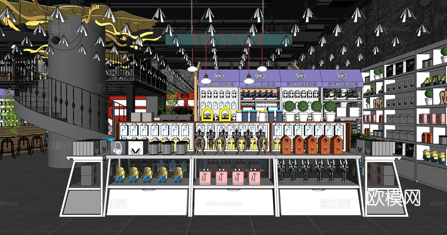 现代艺术感买手店 设计商店 螺旋楼梯 特色货架 丰富摆件 小su模型