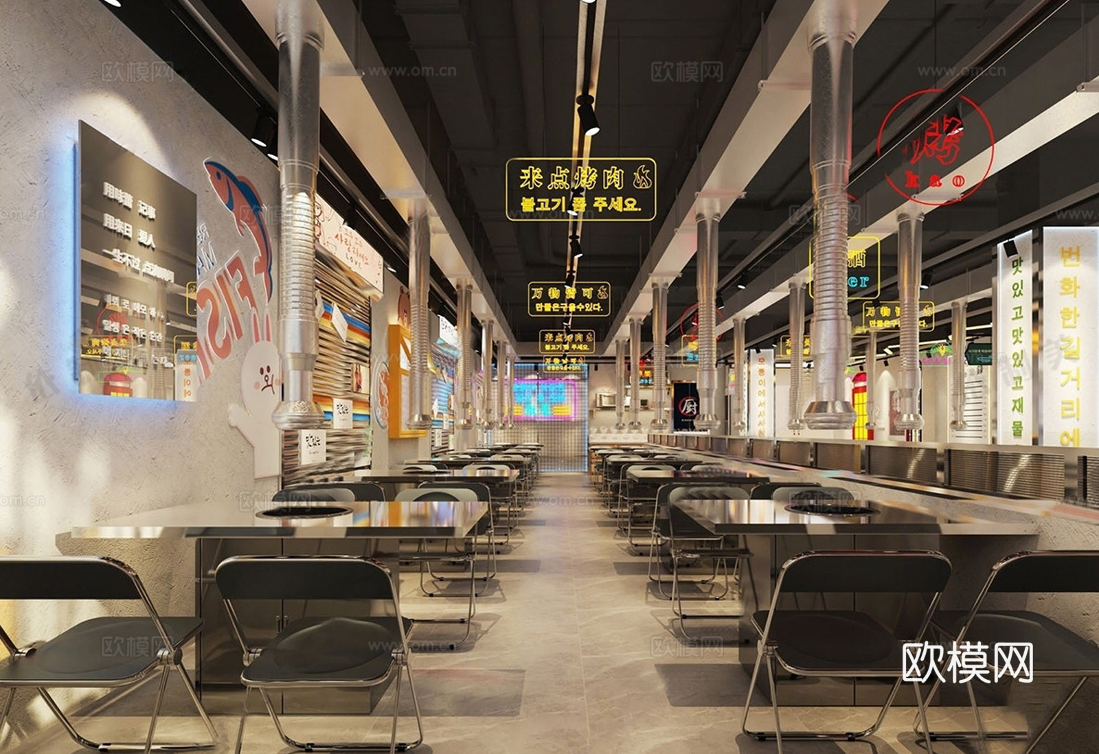 工业风烤肉店 烧烤店 餐饮空间su模型下载（渲染图1）