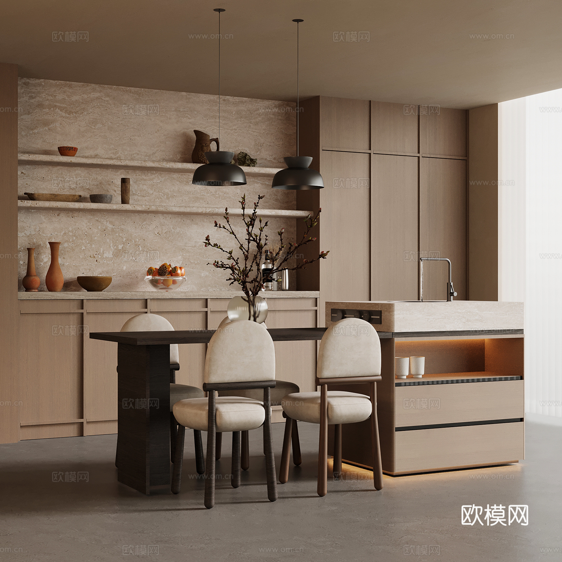 中古风餐厅 餐桌椅 岛台 酒柜 侘寂风餐厅3d模型下载