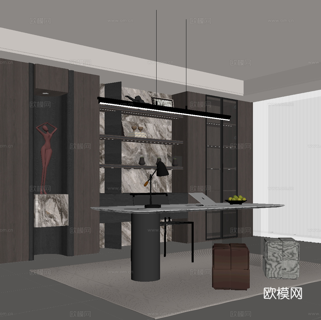 现代意式书房 书柜 书桌椅su模型