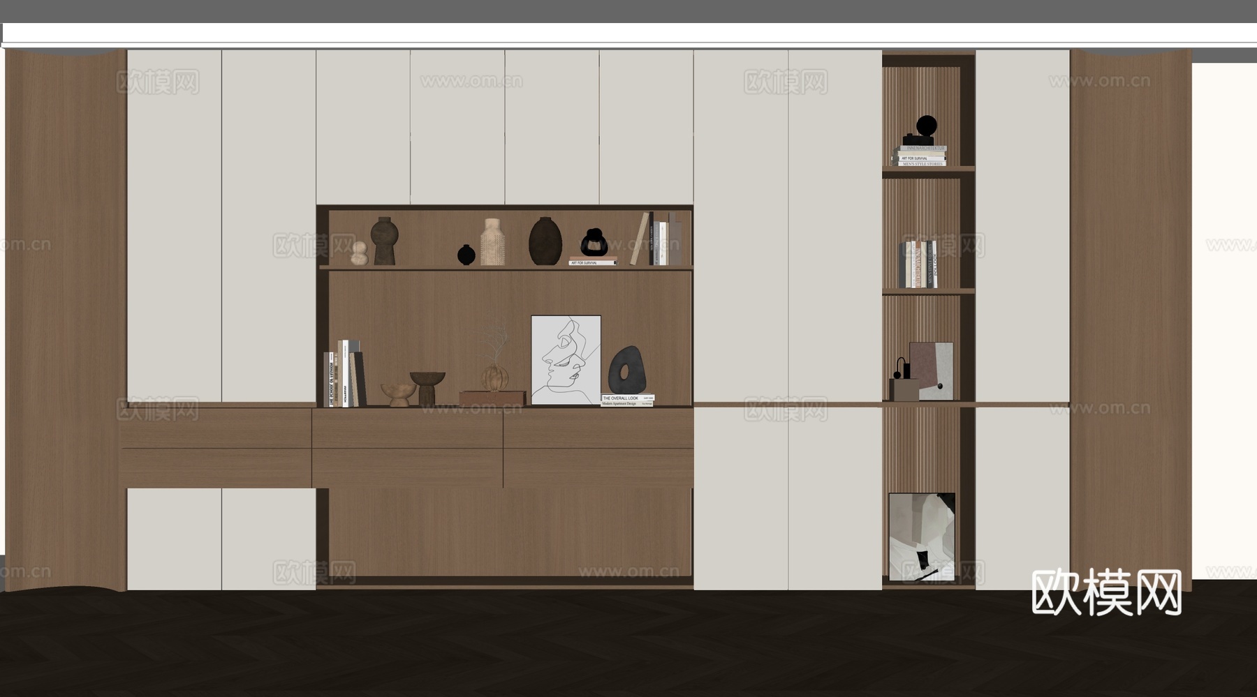 现代开放式书柜 储物柜 背景柜 书籍摆件组合 装饰柜su模型下载（渲染图2）