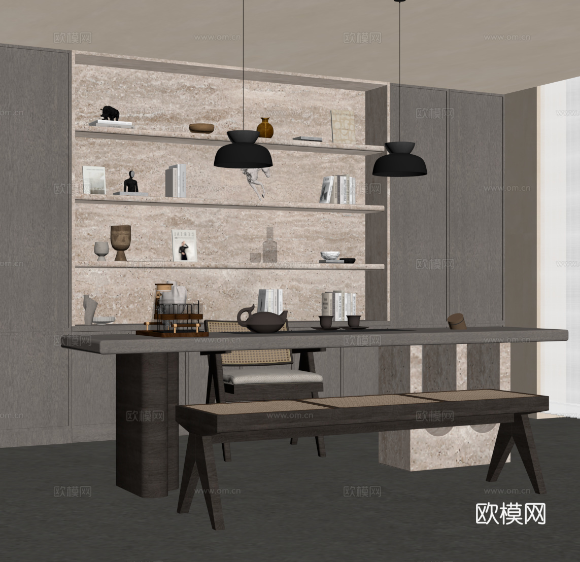 侘寂风书房 书桌椅 书柜 中古风书房su模型