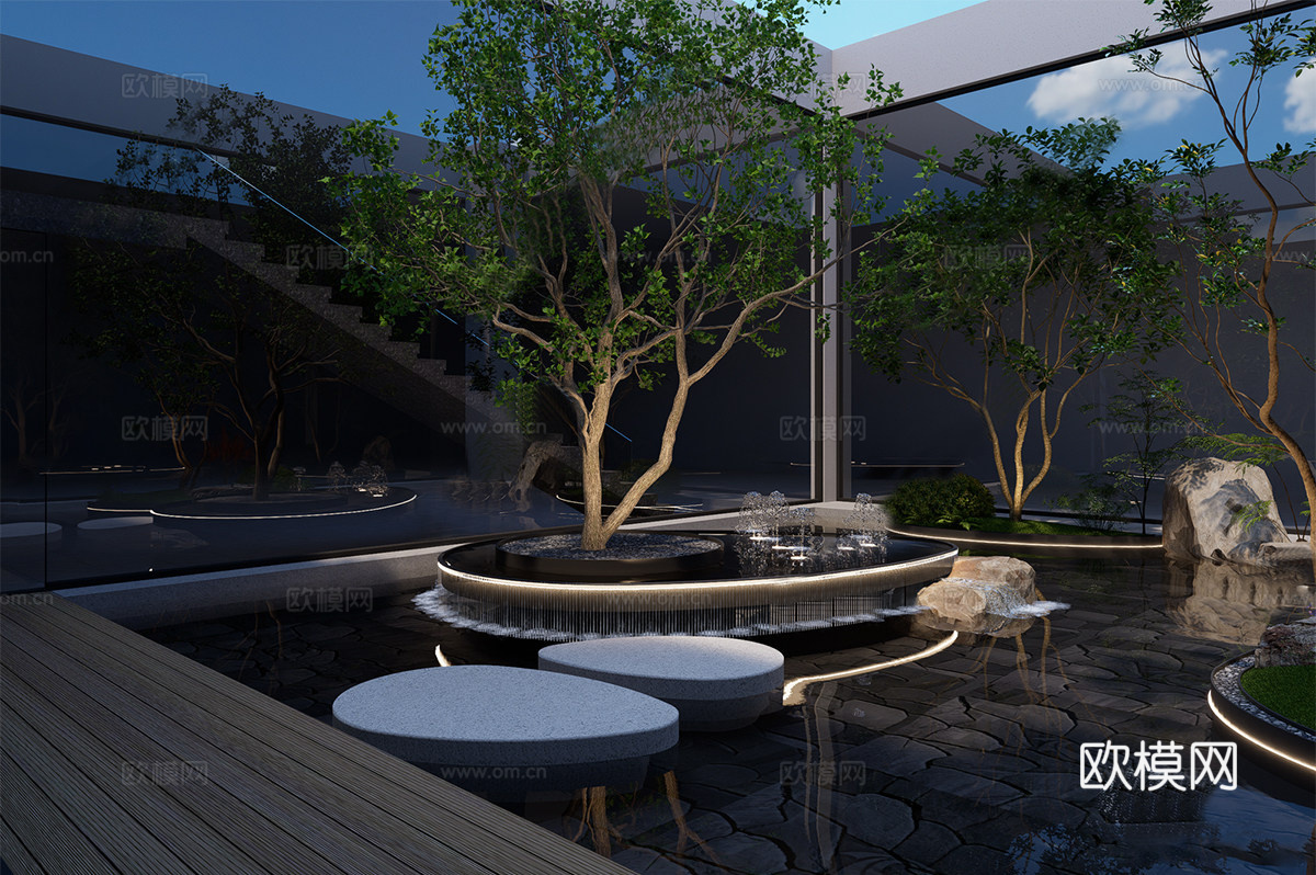 现代镜面水景 庭院景观小品su模型下载（渲染图1）