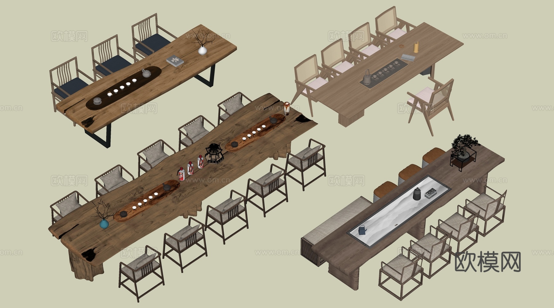 新中式茶台 茶桌椅su模型